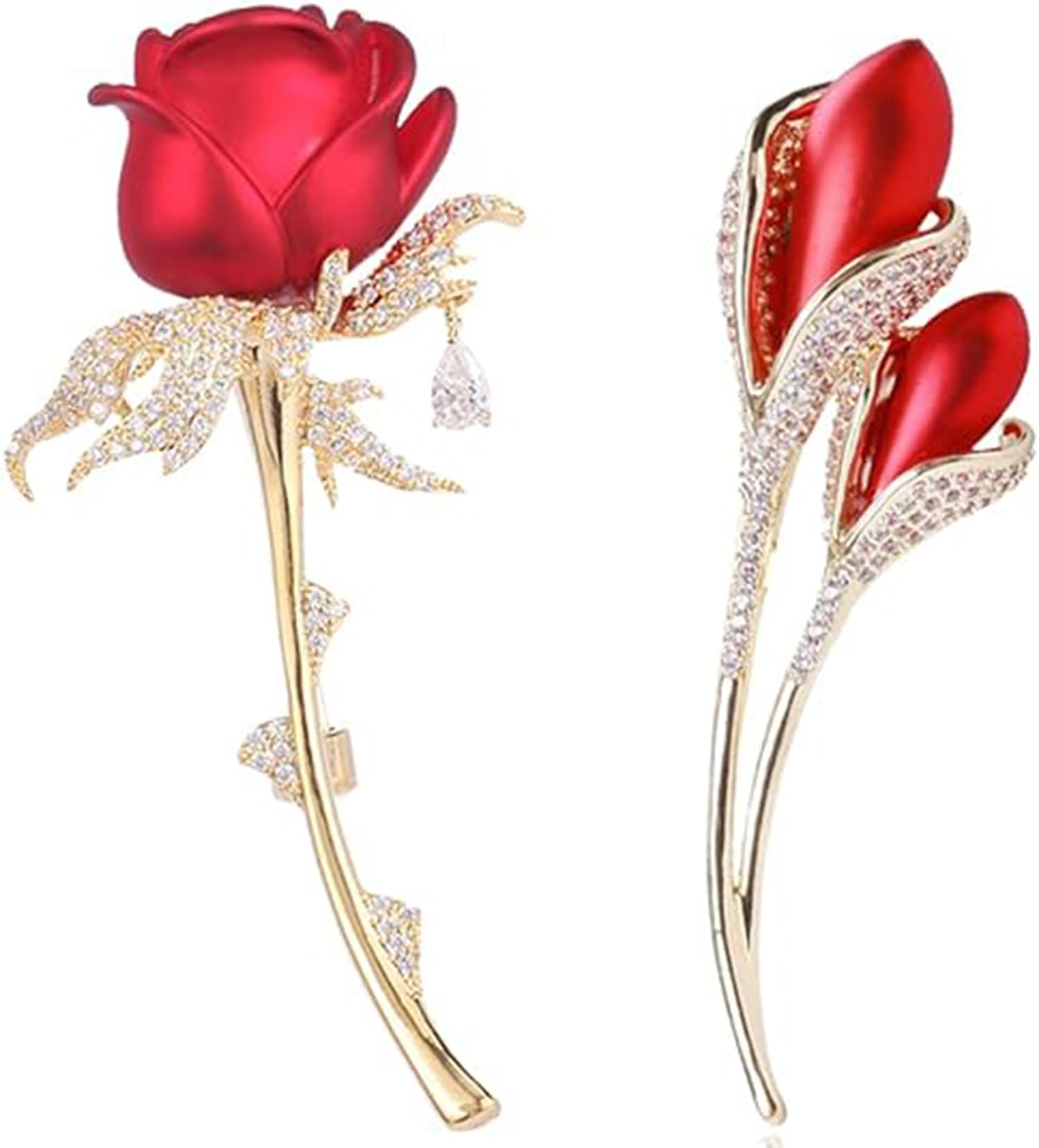 Rose Flowers Brooches Pins Women's Fashion Crystal Pins Tulip Brooch Alloy Rhinestone Leaf Brooch, Lapel Pins Dress Suit Bouquet Ceremony Accessories Jewelry, 2PCS