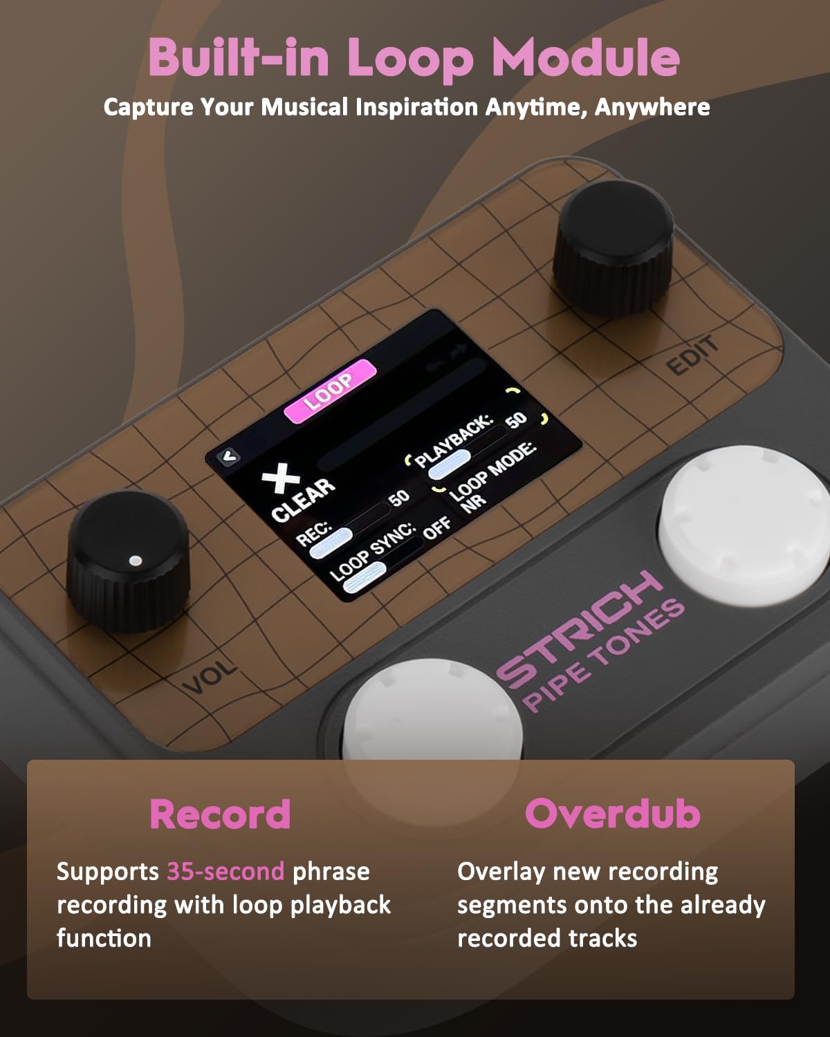 STRICH Pipe Tones Pocket Multi-Effects Processor per chitarra e basso con pedale 10 moduli effetto 125 effetti Looper 40s 100 pattern di batteria Interfaccia audio USB Controllo wireless(Grigio scuro)