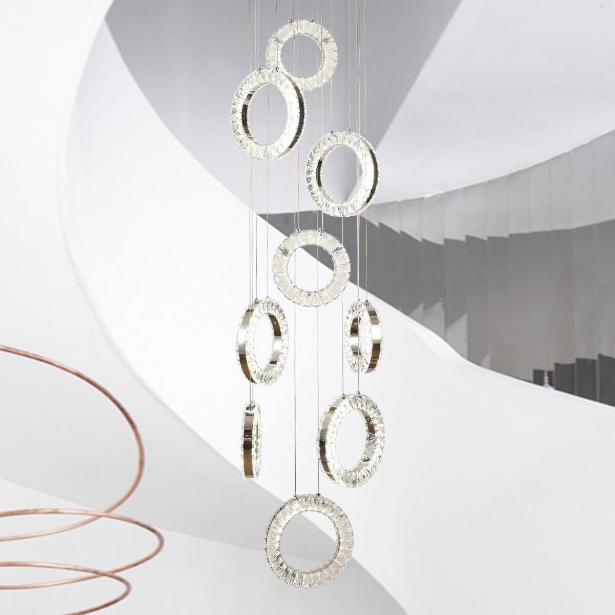 Cameena 9 Lights High Ceiling Entryway Chandelier, Chrome Crystal Ring Chandelier Lighting, Dimmable LED Modern Foyer Light Fixture with Remote for