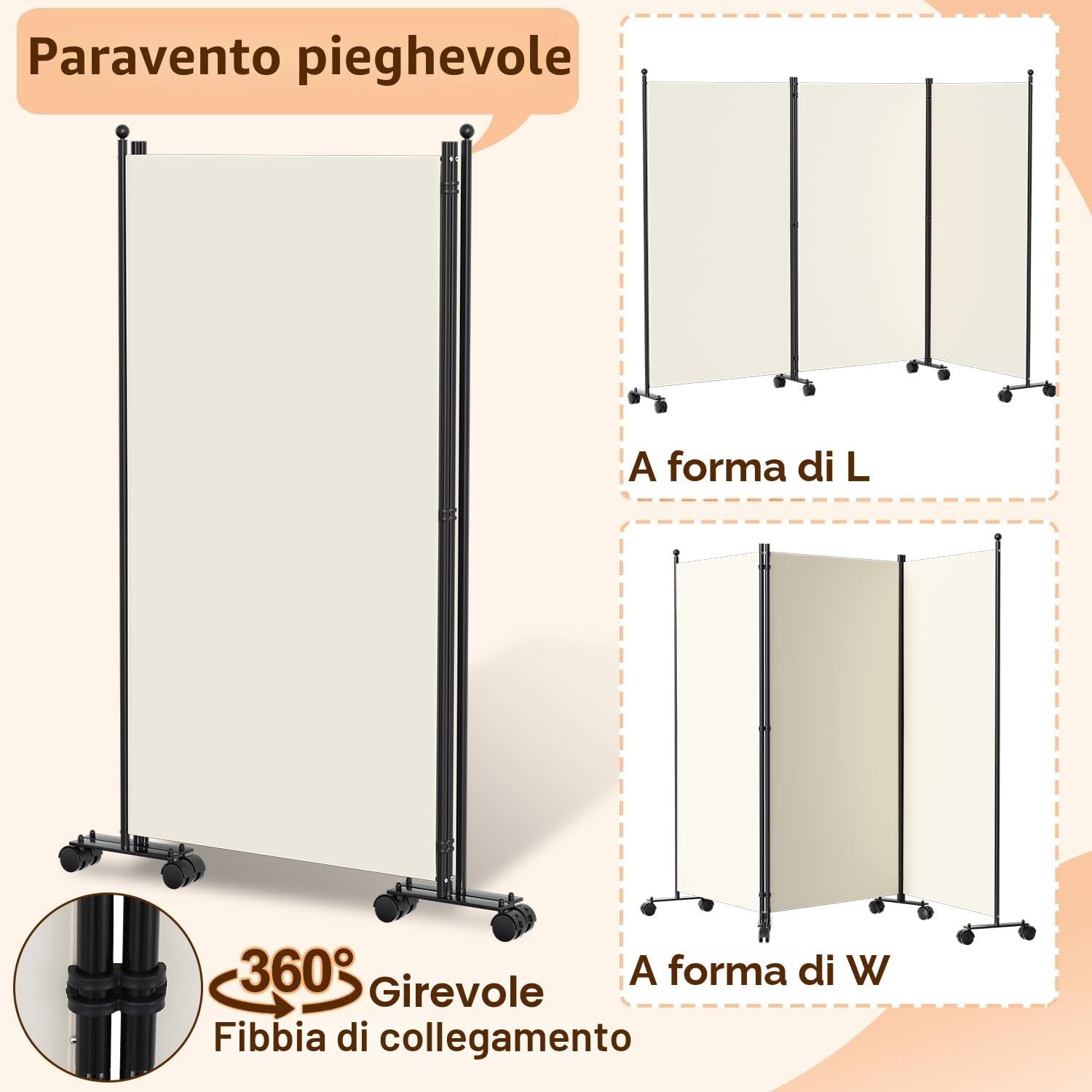 Paravent - Divisorio pieghevole, divisorio autoportante, paravento su rotelle, 5 pezzi, 284 x 181 cm, divisorio pieghevole da parete, autoportante con piedi larghi, in tessuto, protezione
