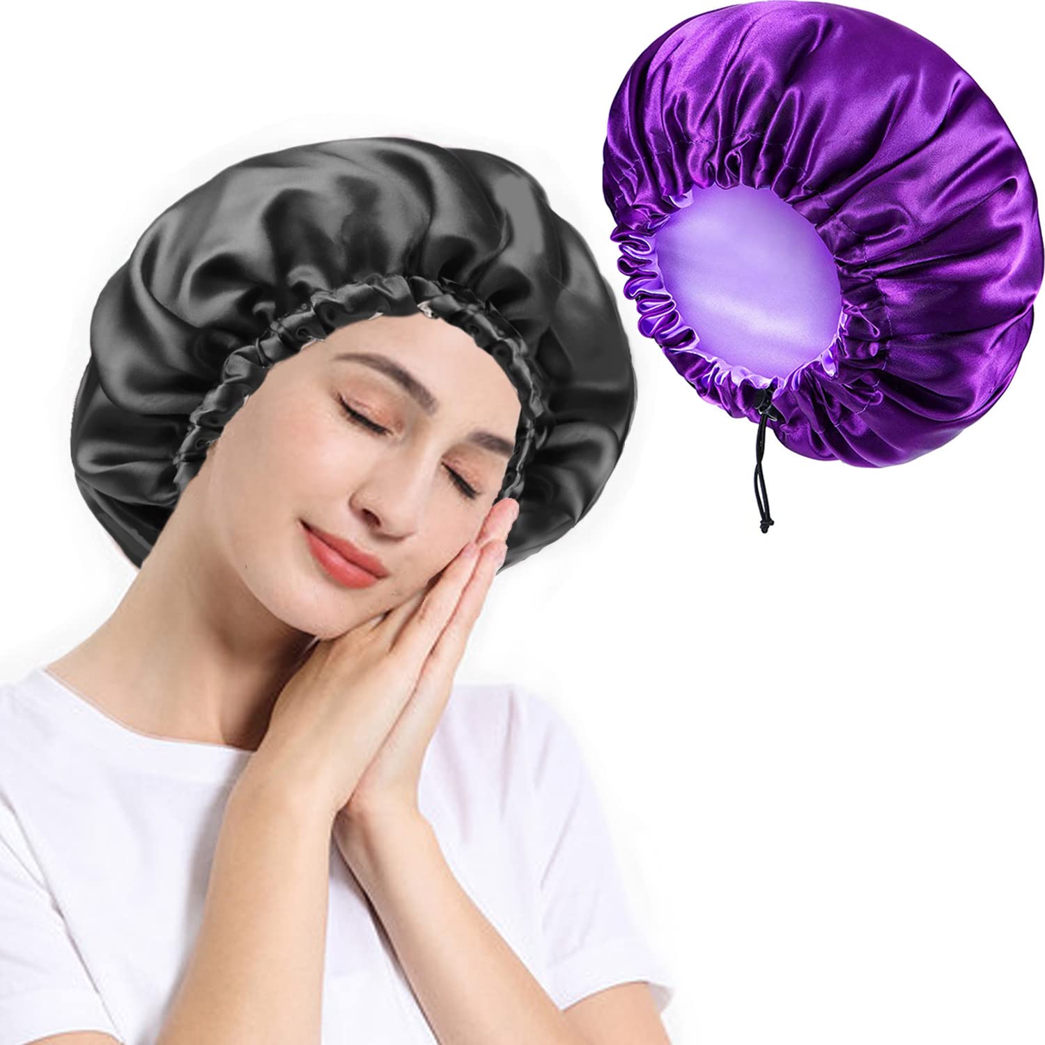 2 Pack Satin Bonnet, Adjustable Double-Sided Sleep Bonnet,Silk Hair Wrap for Sleeping, Soft Sleeping Head Cover Sleeping Hat for Women and Girls Curly Hair (Black and Purple)