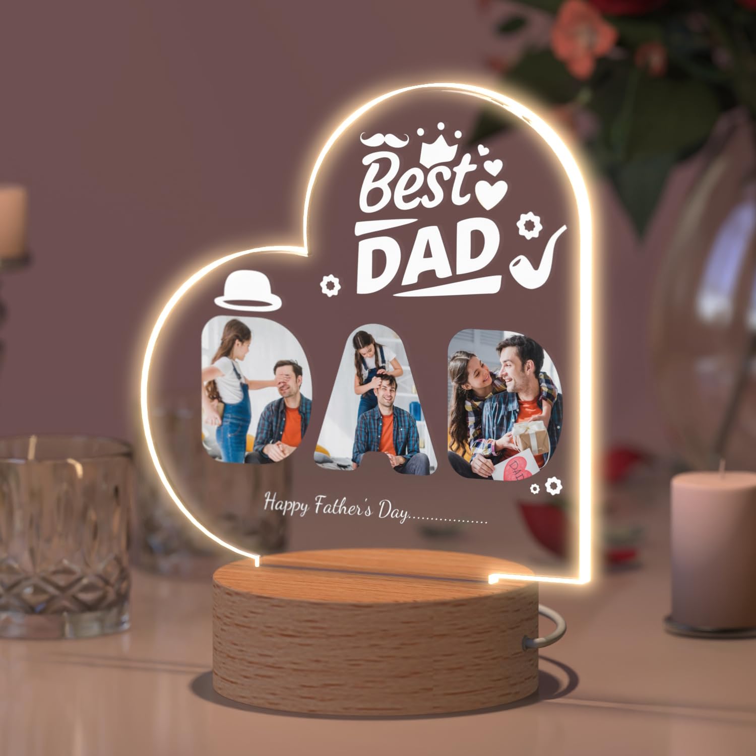 Personalised Gifts for Dad, Father's Day Gifts from Daughter Son, Customised Picture Frame Lamp Presents for Daddy Birthday, Original Ideas Night Light Album with Photo Text Acrylic Plaque — image 1