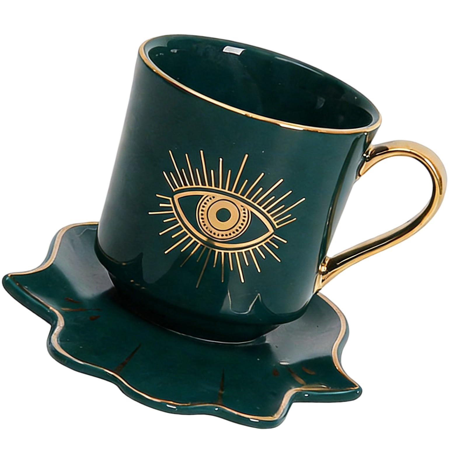 LUCKGONI Ceramic Coffee Cup and Hand Shape Saucer Set Evils Eye Theme Mug Drinkware for Safe Tea Milk Drinking