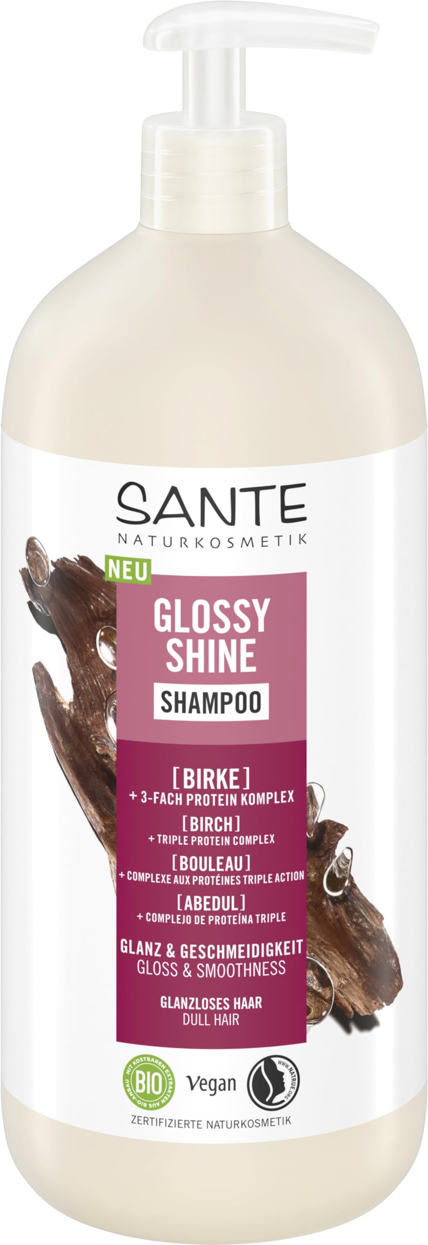 SANTE Naturkosmetik Champú Glossy Shine con extracto de hoja de abedul orgánico + complejo de proteínas de 3 capas, cuidado del cabello vegano e hidratante para mayor brillo y suavidad, con delicado