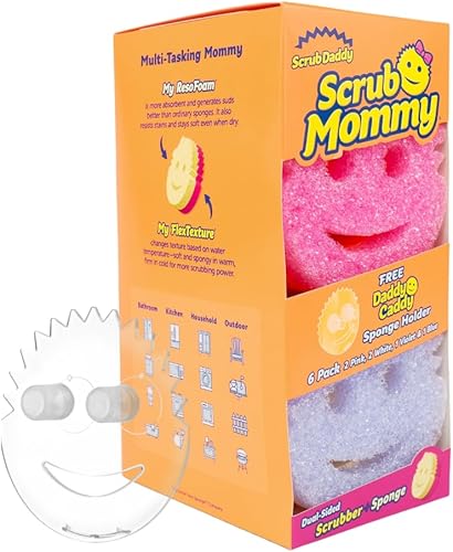 Scrub Daddy Scrub Mommy 6ct + Daddy Caddy - Esponja multiusos para platos sin arañazos + soporte para esponja, sin BPA y fabricada con espuma de