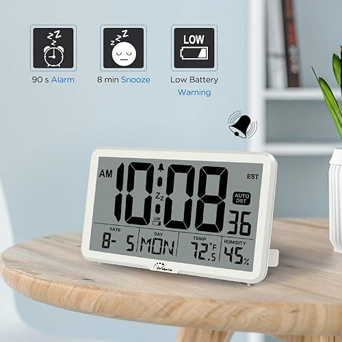Miniatura 5 de WallarGe Reloj de pared digital de ajuste automático, funciona con pilas, relojes de escritorio con temperatura, humedad y fecha, reloj despertador