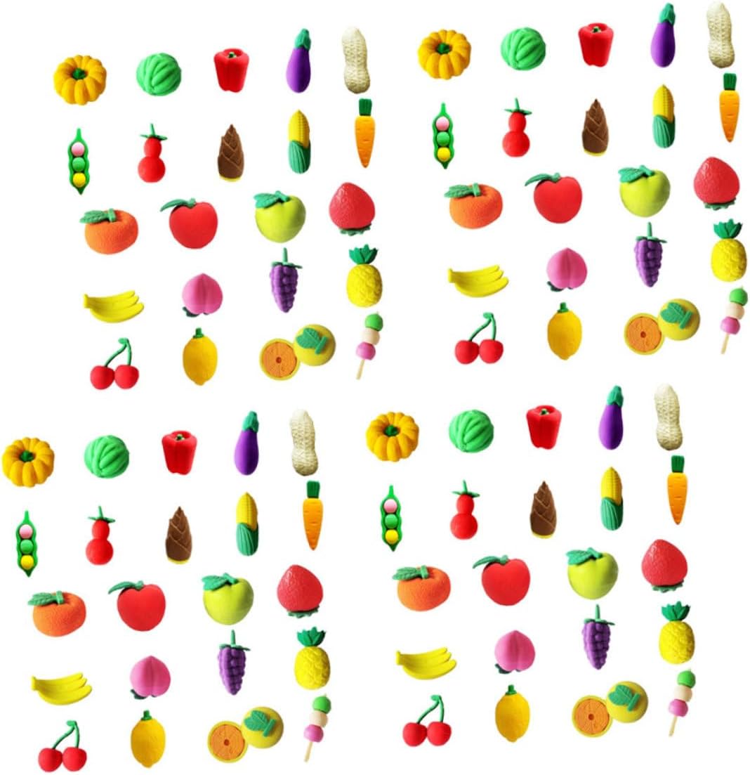 100Pcs Adorable Cartoon Fruits and Vegetables Erasers Mini TPR Erasers for and Prizes Stationery for Art and Writing Activities
