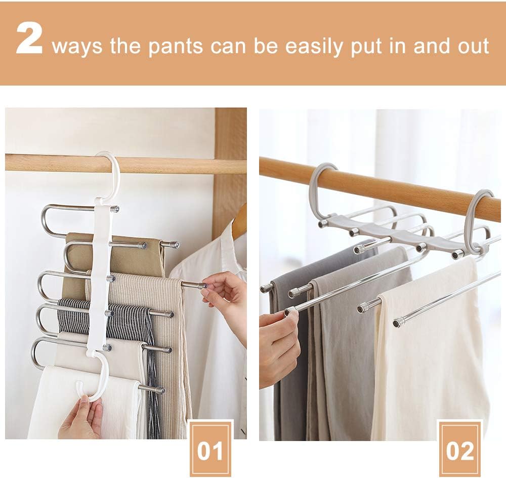 WAOU Massy Pants Hangers Multi-Layer Hanging Pants 5 in 1 Pants Rack Stainless Steel Pants Hangers Folding Storage Rack Space Saver Storage for Trousers Scarf Tie Belt Adjustable(2 Pack)