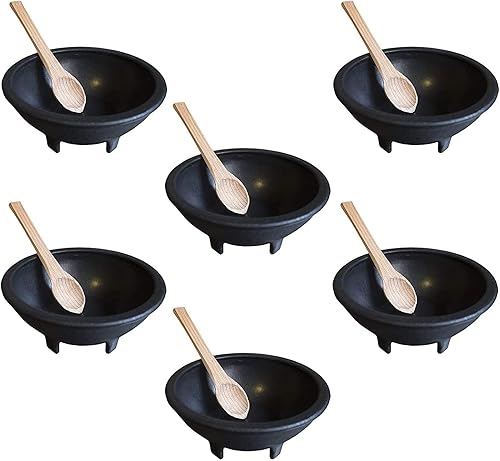 Paquete de 6 cuencos de salsa con chips de salsa y bocadillos, con cucharas de madera, cuencos de salsa, cuencos de salsa, papas fritas de molcajete