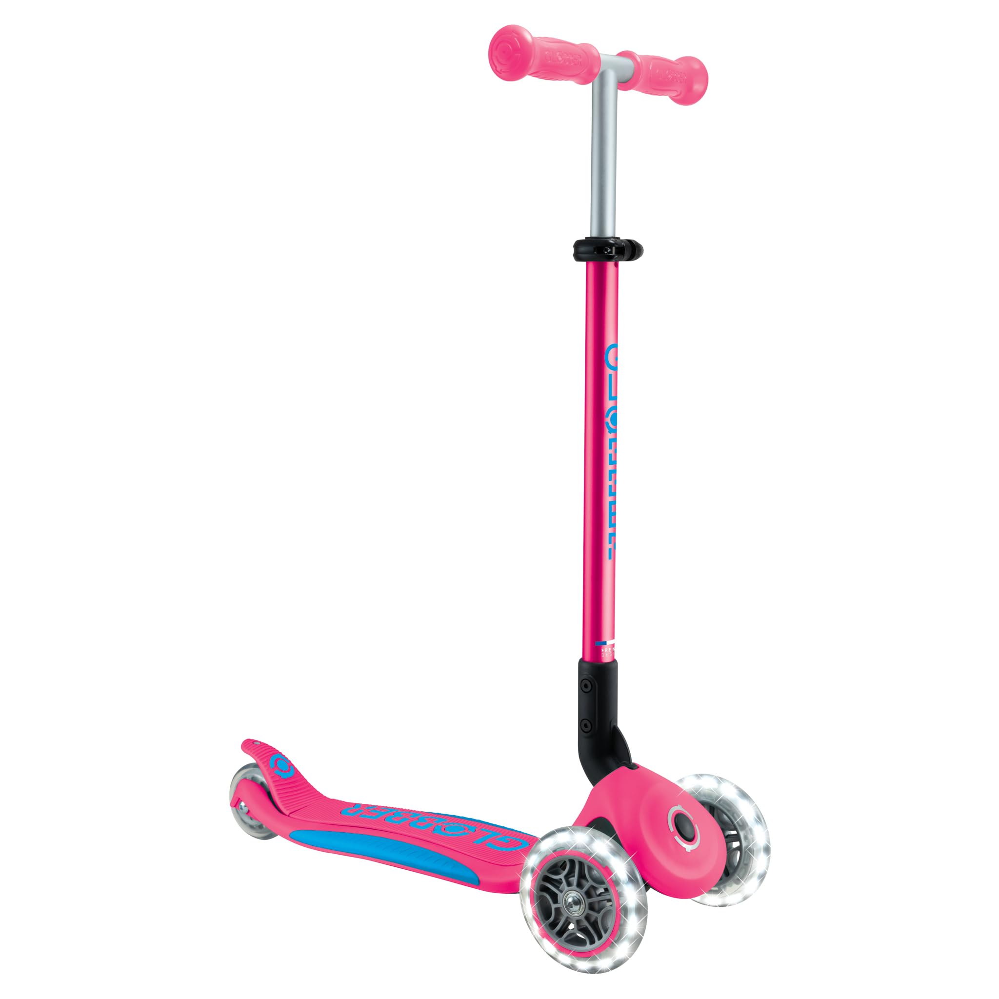GLOBBER Primo Patinete Plegable Plus Lights - Scooter Niños a Partir de 3 años - Patinete 120/80 mm - ABEC 5, 3 Ruedas con Ruedas LED - Altura Regulable - Rosa/Azul Claro