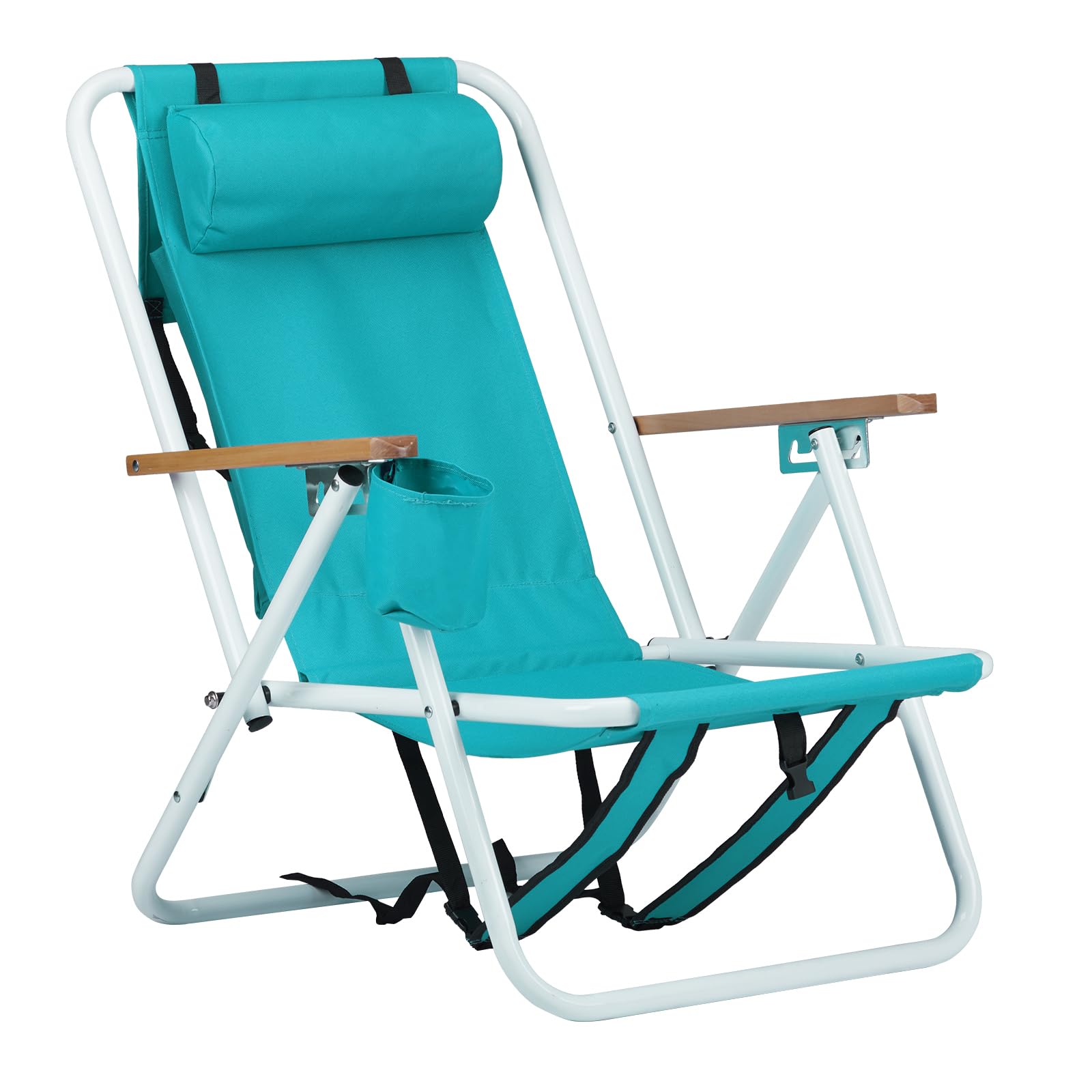 Folding Backpack Beach Chair, 4 Position Portable Camping Chair with Headrest Cup Holder and Wooden Armrests (Sky Blue, 1 Pack)
