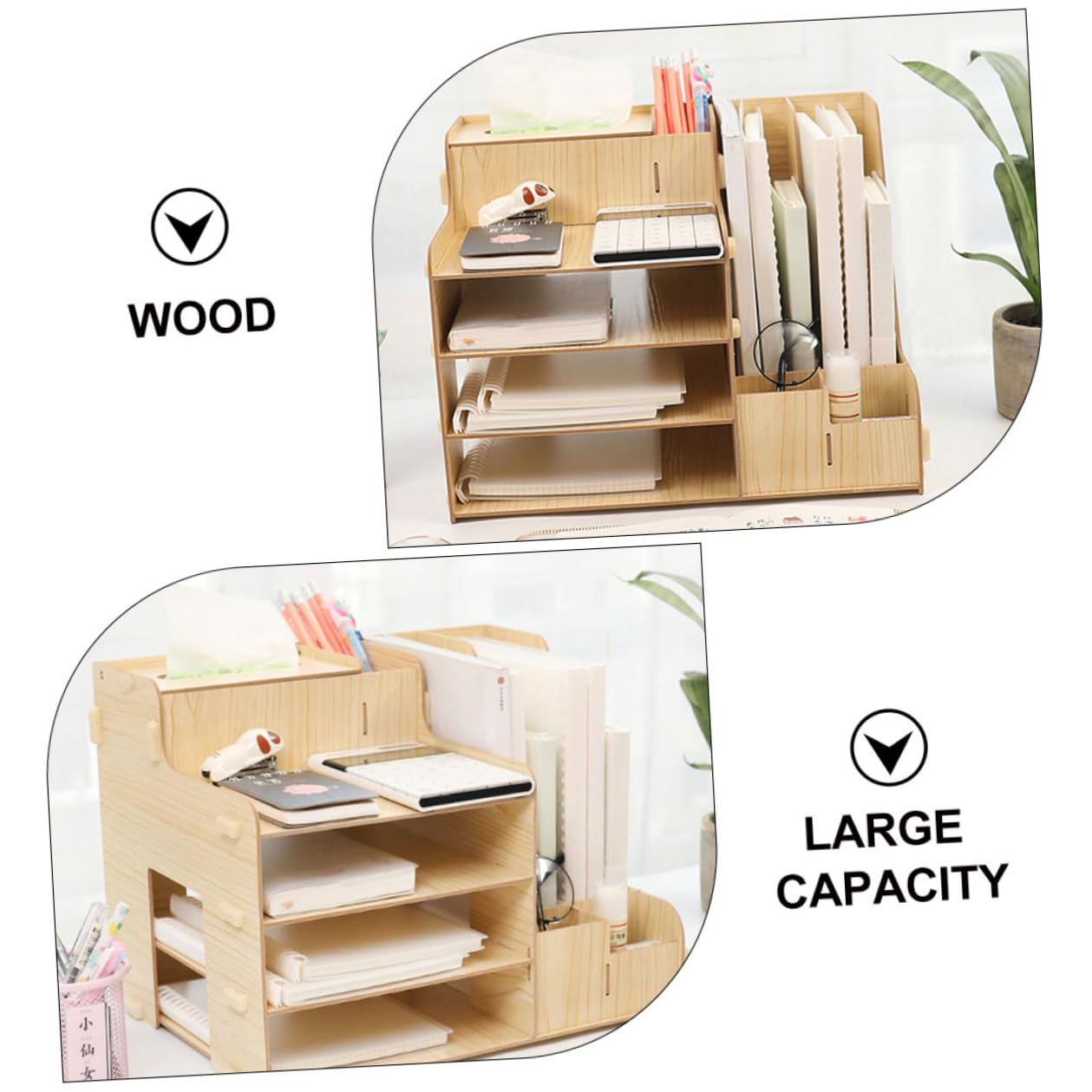 Organizador de Archivos de Madera Natural Tamaño Mediano Cajones Extraíbles, Estante de Almacenamiento Multifuncional para Oficina y Estudio, Soporte para Documentos y Artículos
