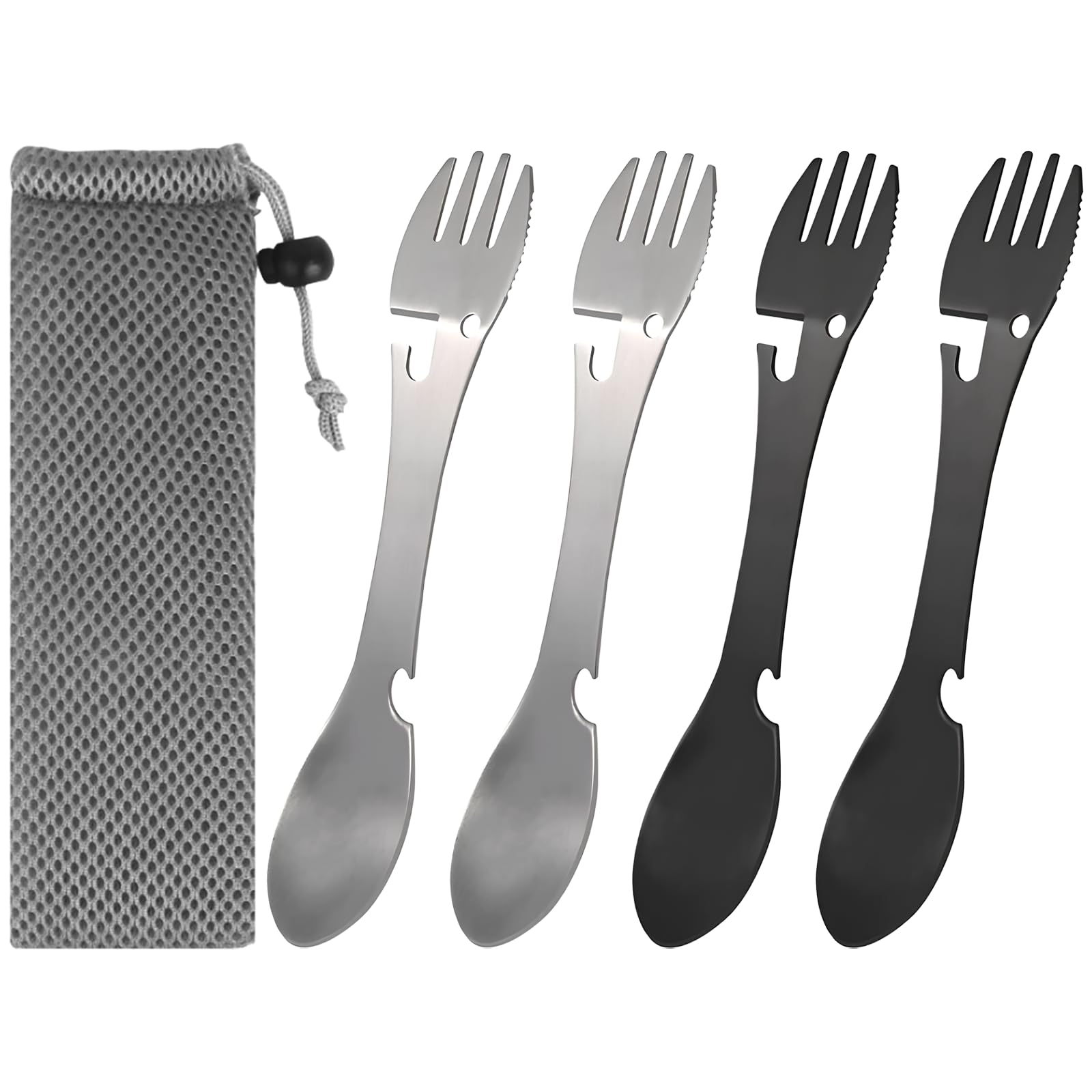 4 Pieces Stainless Steel Utility Camping Spork, Multifunctional 5 in 1 Outdoor Spoon Fork Can Bottle Opener, Portable Camping Cutlery Set for Outdoor Camping, Hiking, Fishing(Black and Silver)