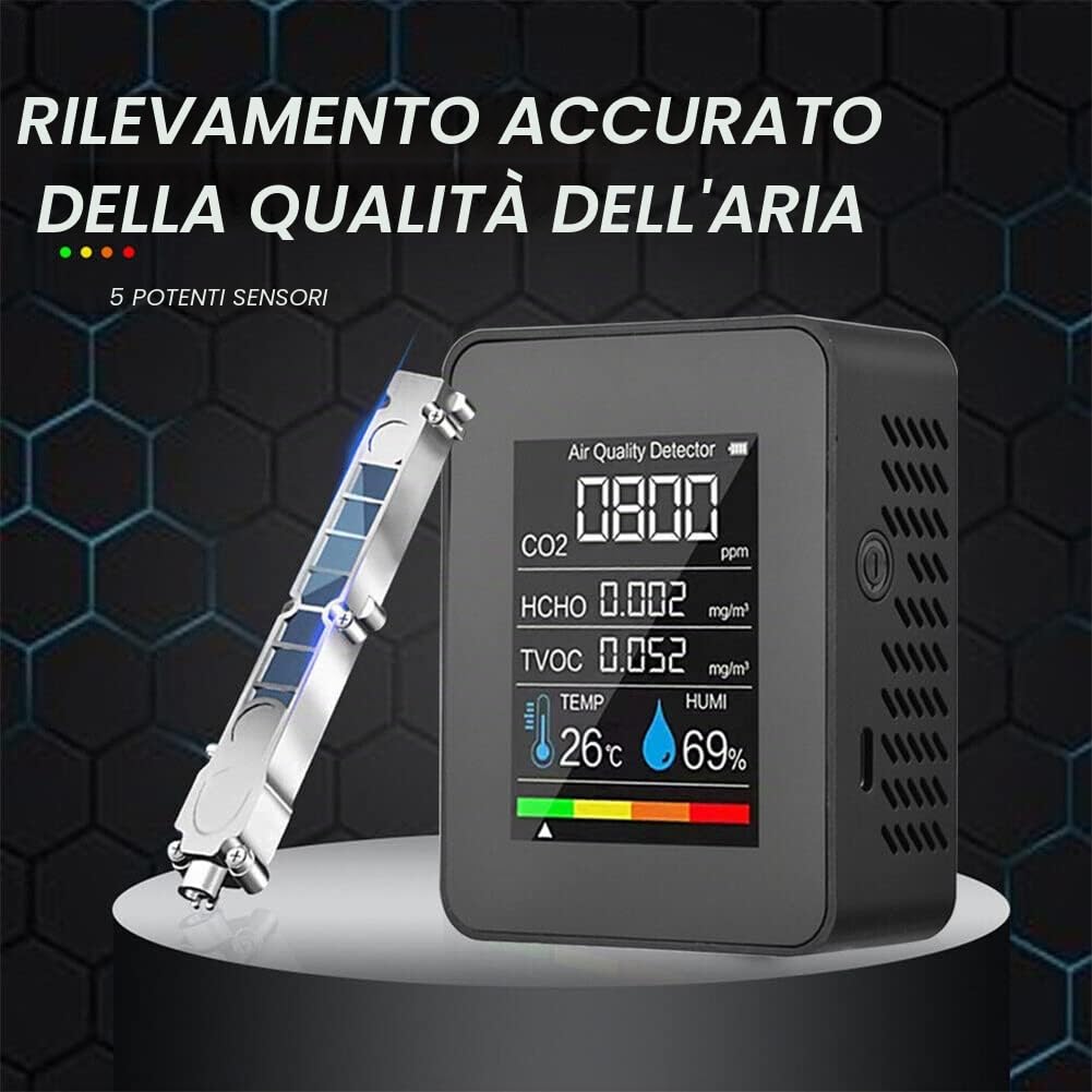 Misuratore di qualità dell'aria Monitor di qualità dell'aria per / HCHO/TVOC/TEMP/HUMI Multifunzionale 5 in 1 Rilevatore di anidride carbonica Dati in tempo reale e Registrazione della media