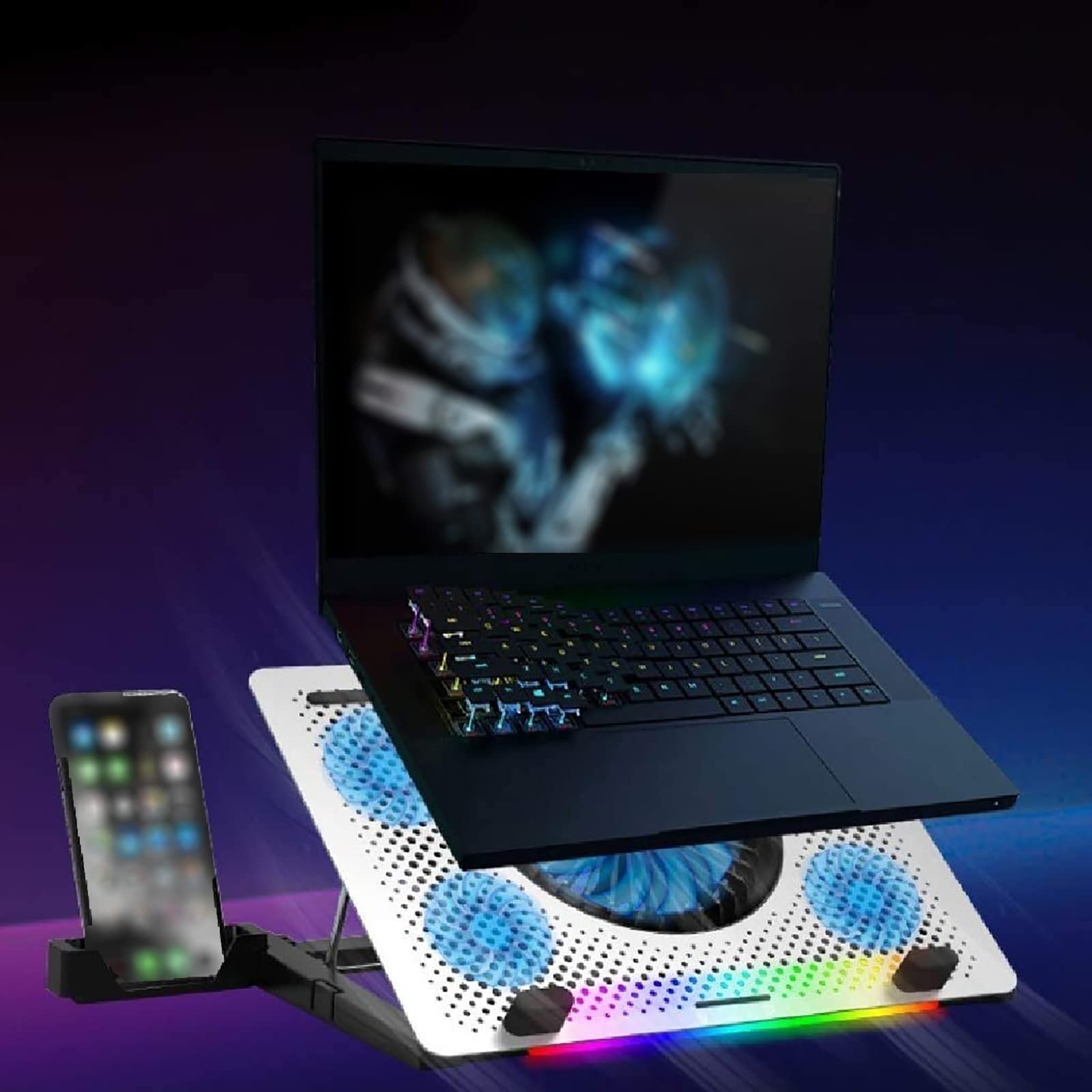 TsoLay Enfriador para Computadora Portátil, Almohadilla De Enfriamiento para Juegos con 5 Ventiladores Silenciosos, Diseño De Viento Fuerte De 3500 RPM, 4 Niveles De Ajuste De Altura, para Jugadores