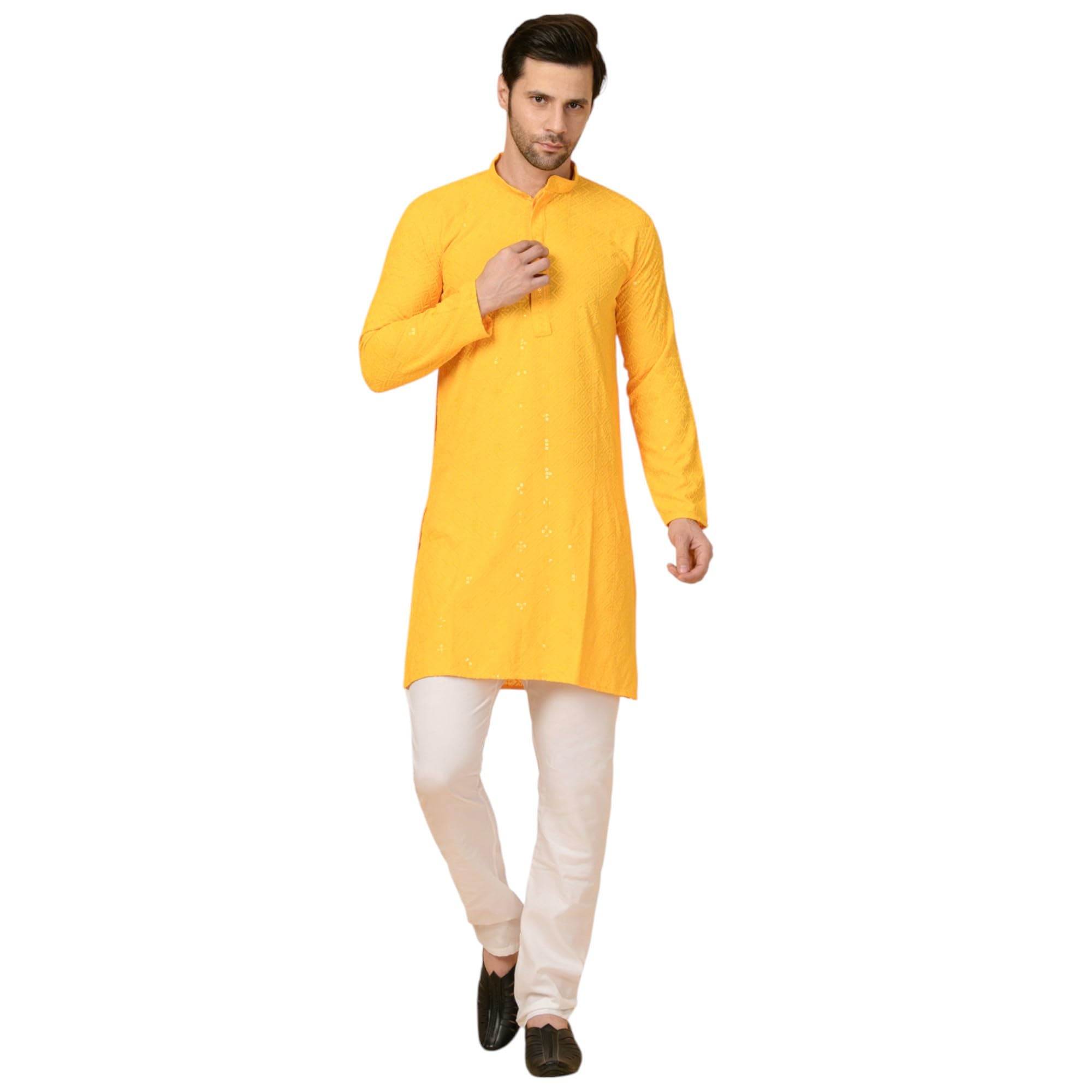 sagiloom hustle in every thread SAGILoom Men's Traditional Kurta Pyjama Set | Embroidered Cotton Blend | Long Sleeve & Mandarin Collar | Fully Comfartble & Fashionable | Reguler Fit with Color Yellow-picture-26