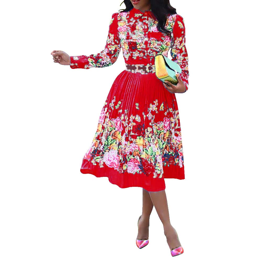Verwin Women's Red Lapel Three-Quarter Sleeve Knee Length Pleated Floral Sheath Dress (Medium, )