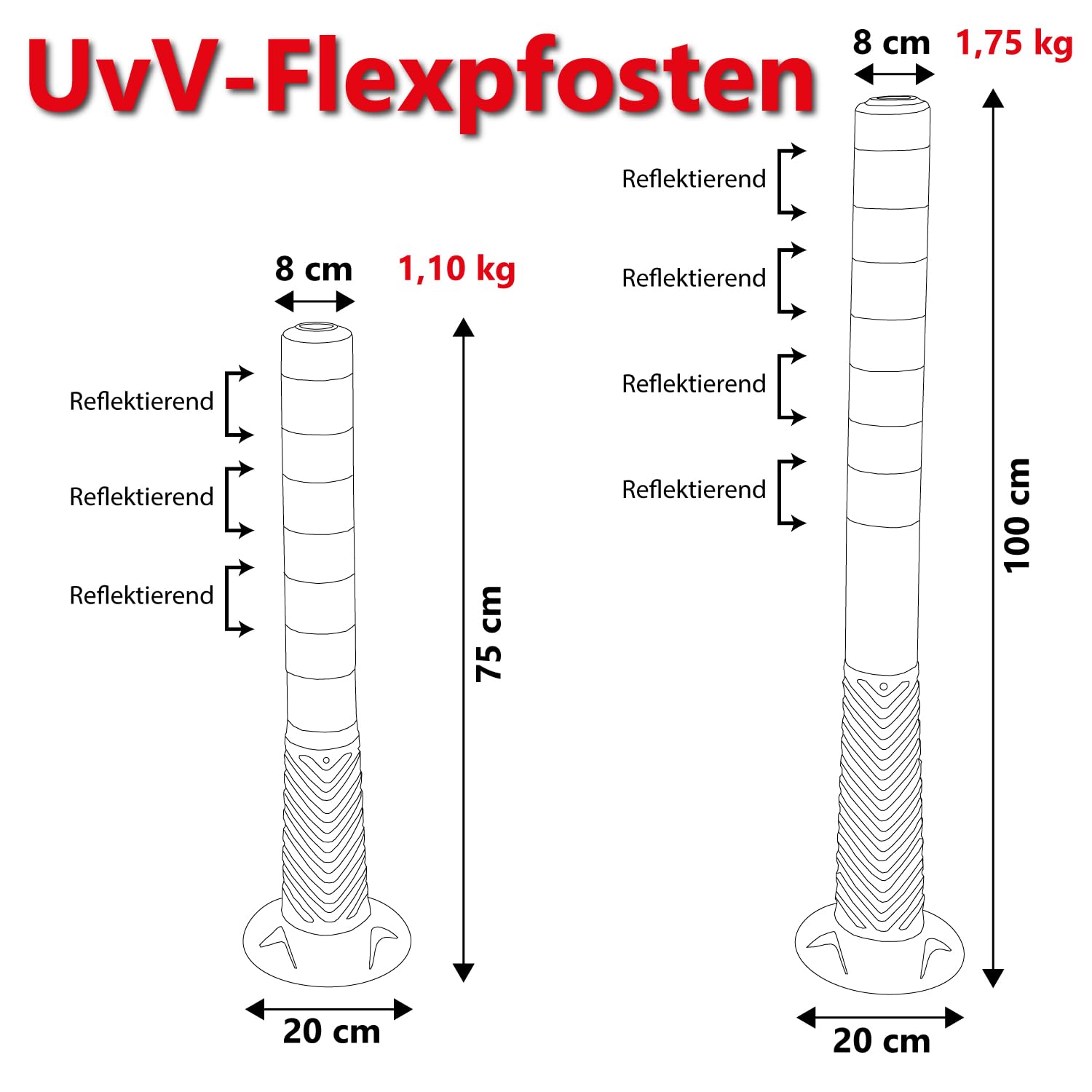 UvV-Reflex Absperrpfosten, Poller 75 oder 100 cm hoch, flexibel weiß, RA2B rote reflektierende Folie, selbstaufrichtend inkl. Befestigungsmaterial und Schrauböse (2, 100cm)