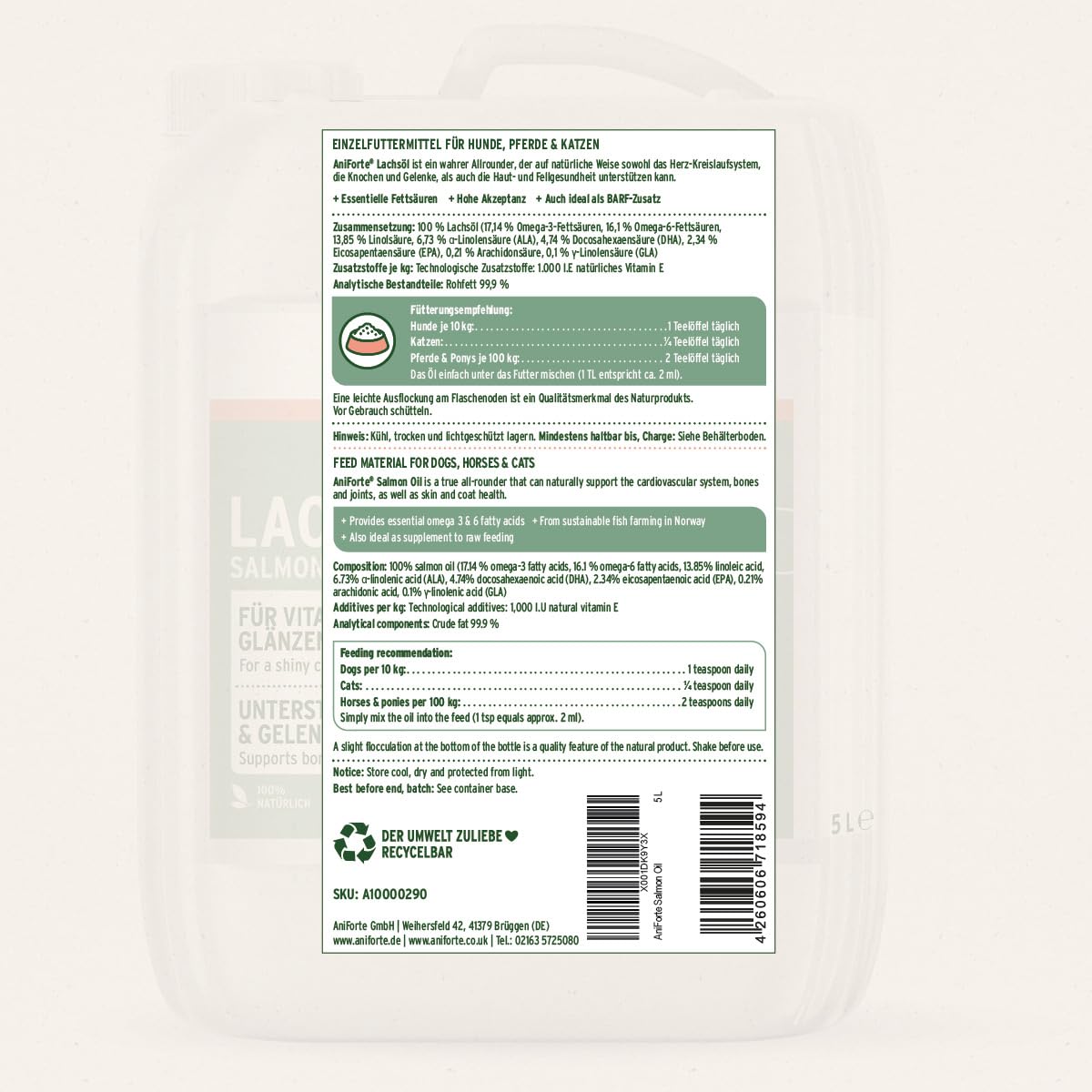AniForte Olej z łososia dla psów i koni 5 litrów - Premium naturalny olej rybi z Norwegii bogaty w kwasy Omega 3 i 6, suplement diety, olej Barf dla psów bez dodatków, świeżo butelkowany w Niemczech