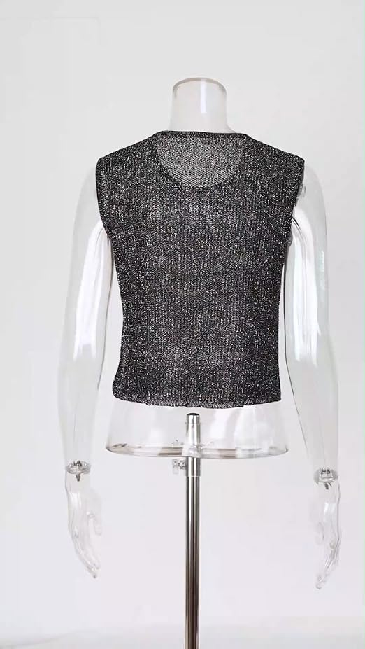 Meladyan Women Sexy Fishnet Knit Glittering Crop Tank Going Out