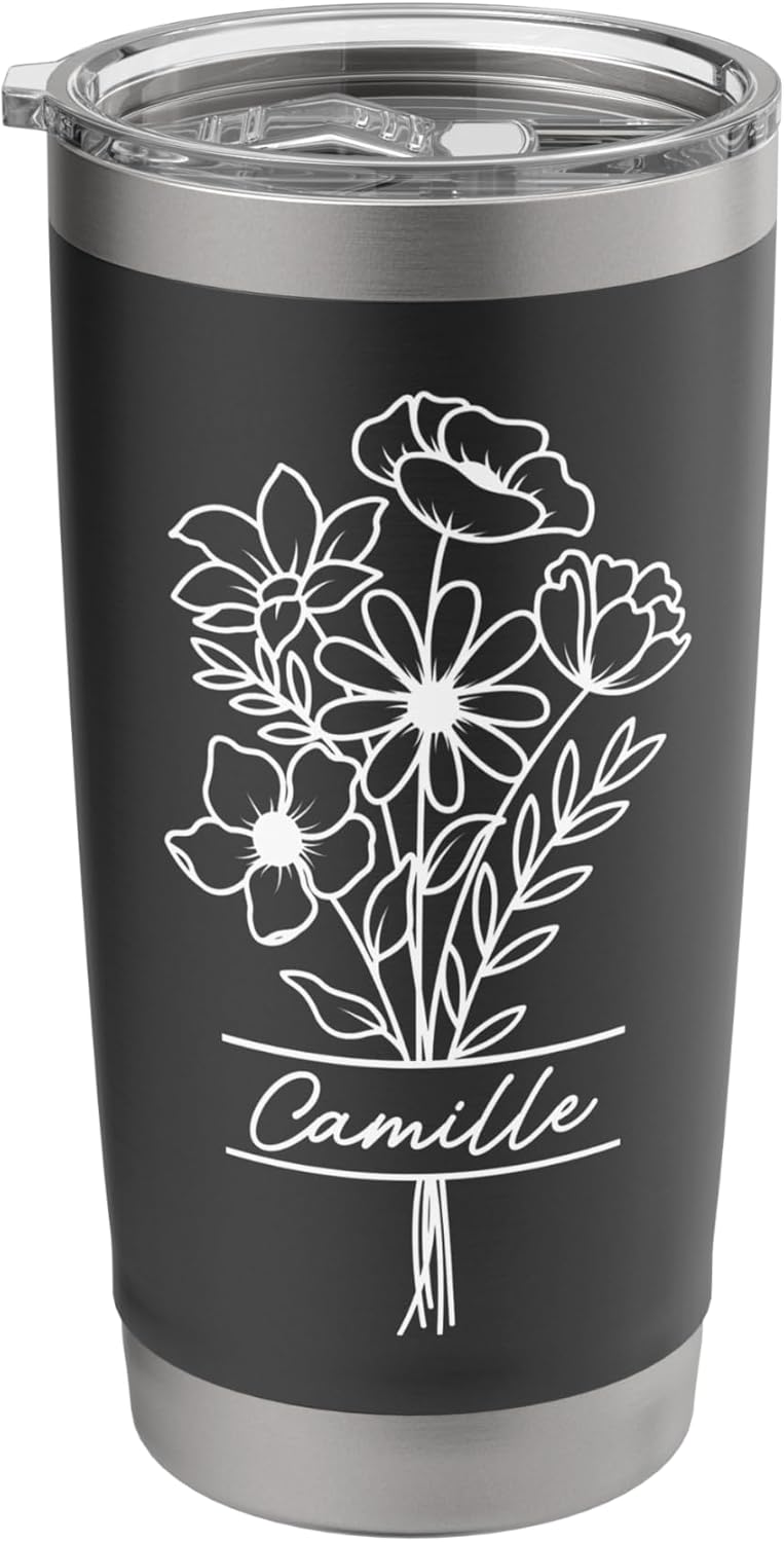 Camille Floral Travel Mug Flower Modern Personalized Name Stainless Steel Insulated Tumbler