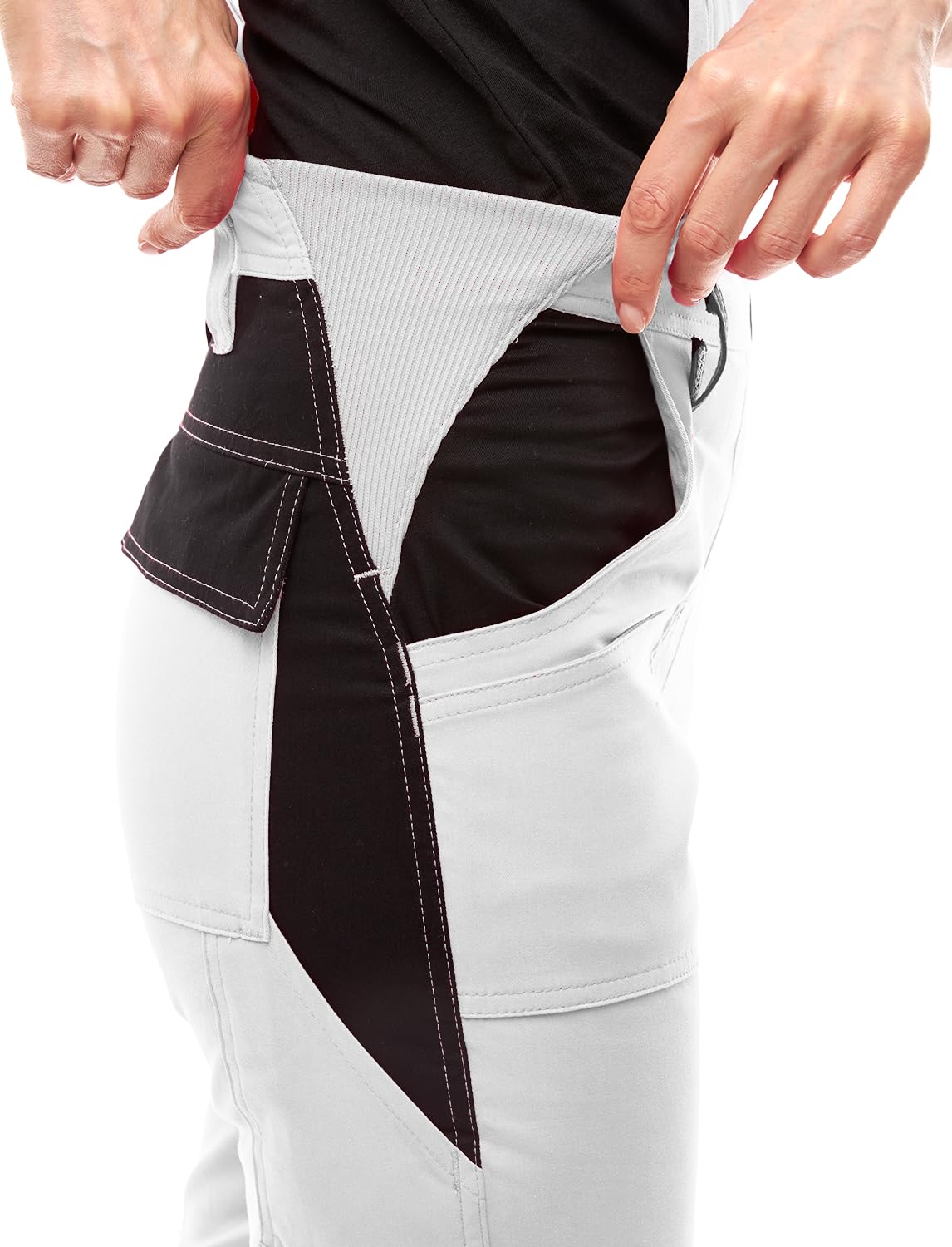 strongAnt Salopette da lavoro da donna Elasticizzata Berlin. Salopette combinati - Pantaloni magazzino giardiniere, tasca per ginocchiere - Nero Bianco Rosa