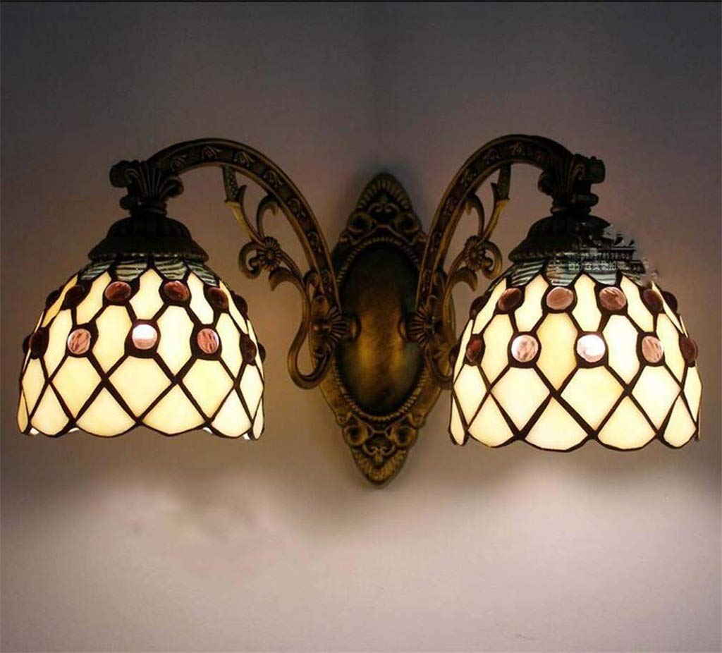 Aioneer Tiffany Style 2-Lights Wall Light Sconces, Stained Glass Shade Wall Lighting Corridor Mirror Front Lamp Passage Hallway Light,C-A