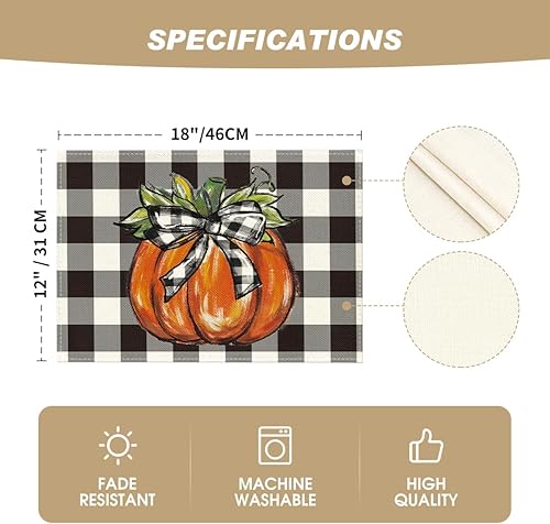 Miniatura 5 de Artoid Mode Juego de 4 manteles individuales de otoño con diseño de calabaza a cuadros de búfalo de 12 x 18 pulgadas para decoración de fiestas,
