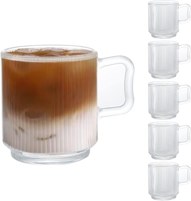 [6-Pack, 350ml] DesignMaster Premium Glass Coffee Mugs with Handle, Classic Vertical Stripes Tea Cup,Transparent Tea Glasses for Hot/Cold Beverages, Perfect Design for Americano, Cappuccino, Latte.