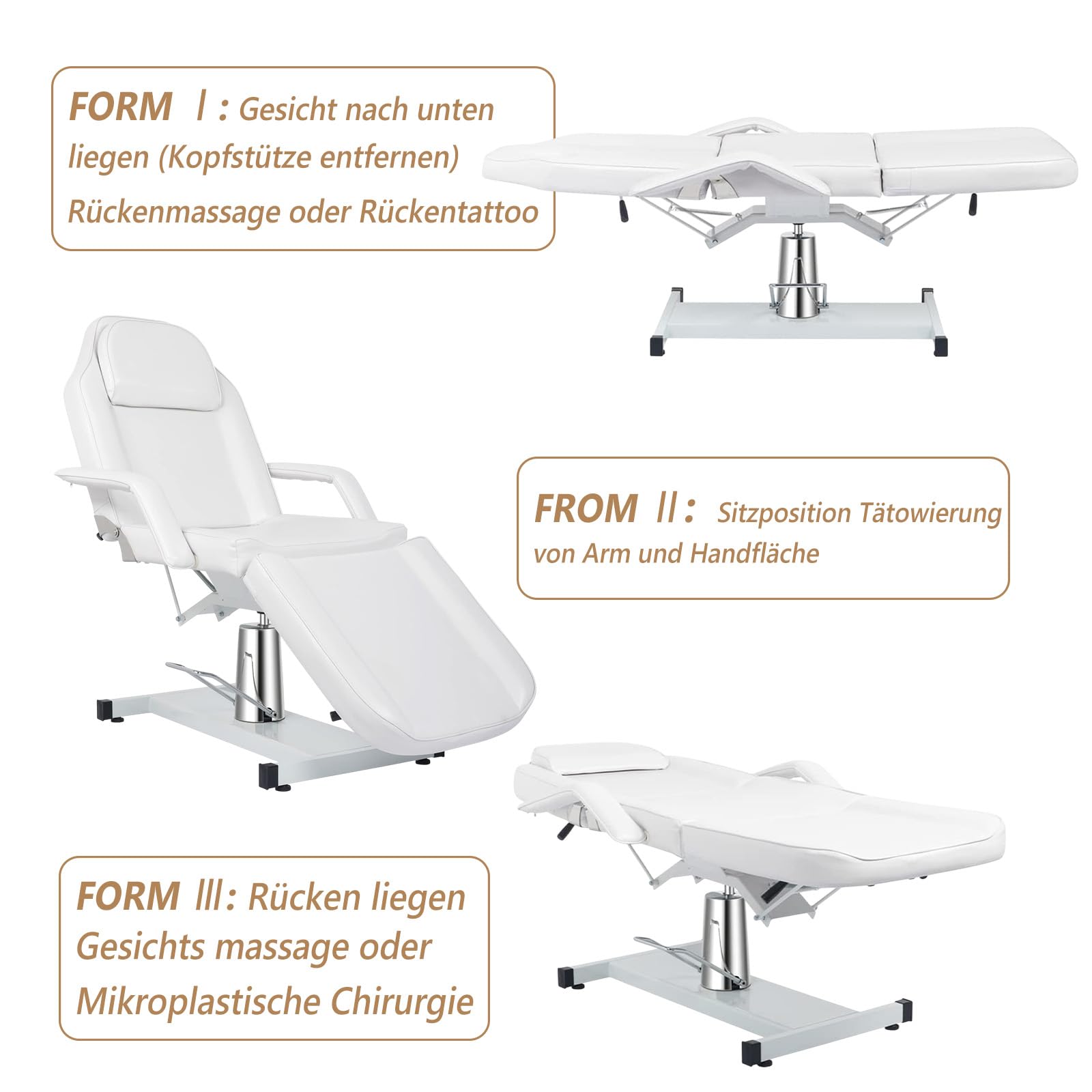 Bonnlo Hydraulischer Massageliege Kosmetikliege Gesichtsbett Massagetisch, Mehrzweck Tätowierungsstuhl mit 3 Abschnitten, Kosmetikerbett, verstellbare Schönheitssalon Spa Ausrüstung, Weiß