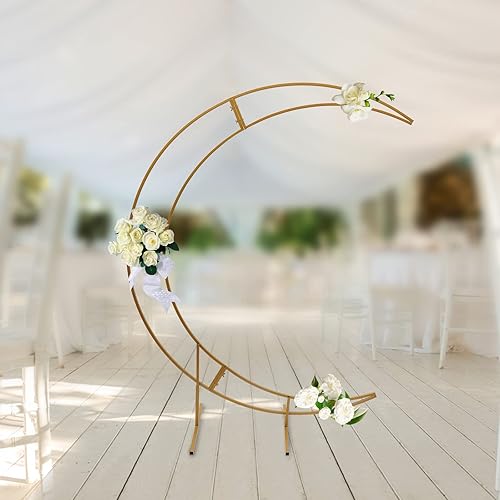 Miniatura 4 de Fetcoi Arco de boda dorado de luna creciente de 6.5 pies, diseño curvado de metal, soporte de telón de fondo para fotografía, marco de globo de