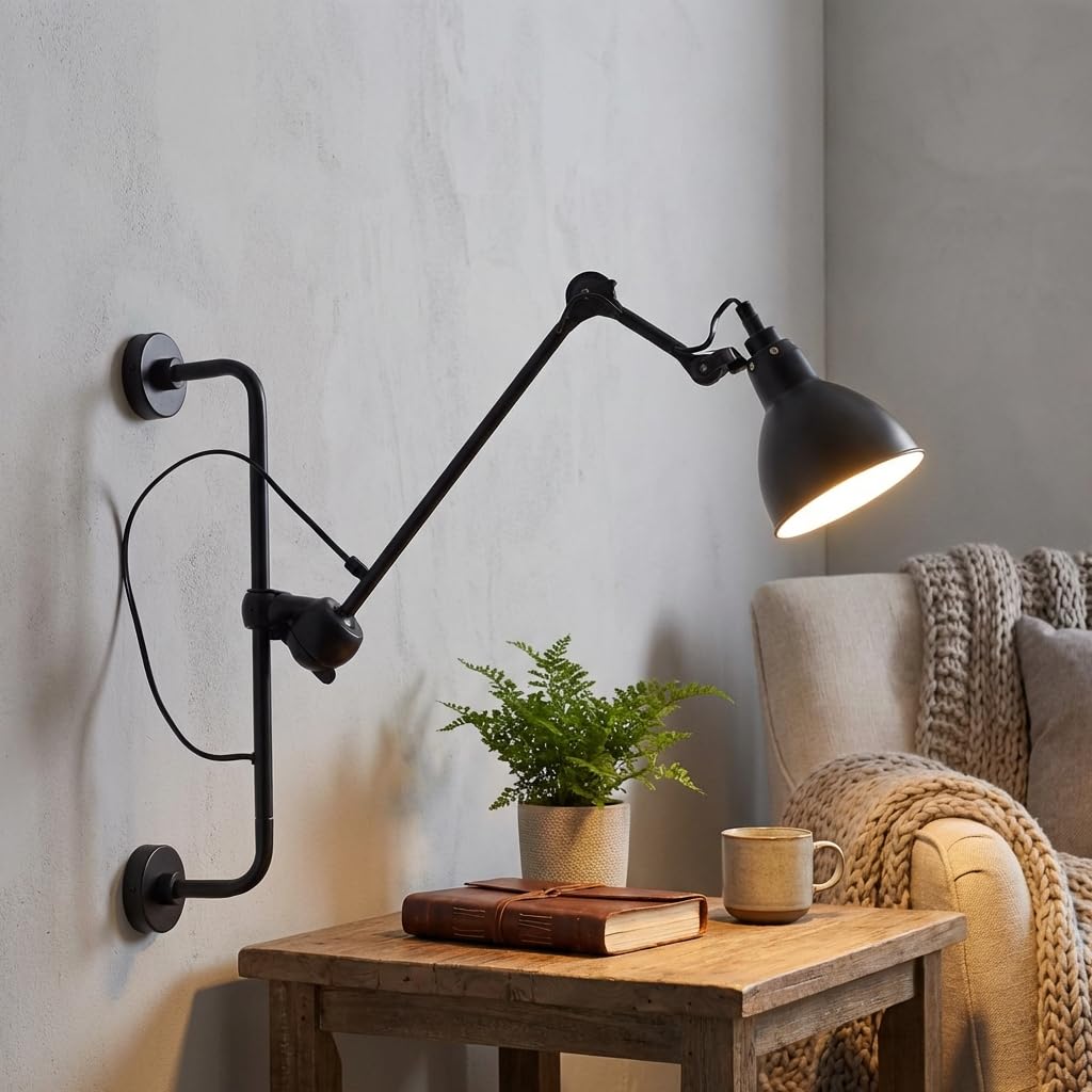 BARCELONA LED Wandleuchte mit Gelenkarm E27 Schwarz und Chrom, industrielle Vintage Metall-Wandlampe mit Kabel, Stecker und Schalter, Leseleuchte für Schlafzimmer, Büro und Wohnzimmer