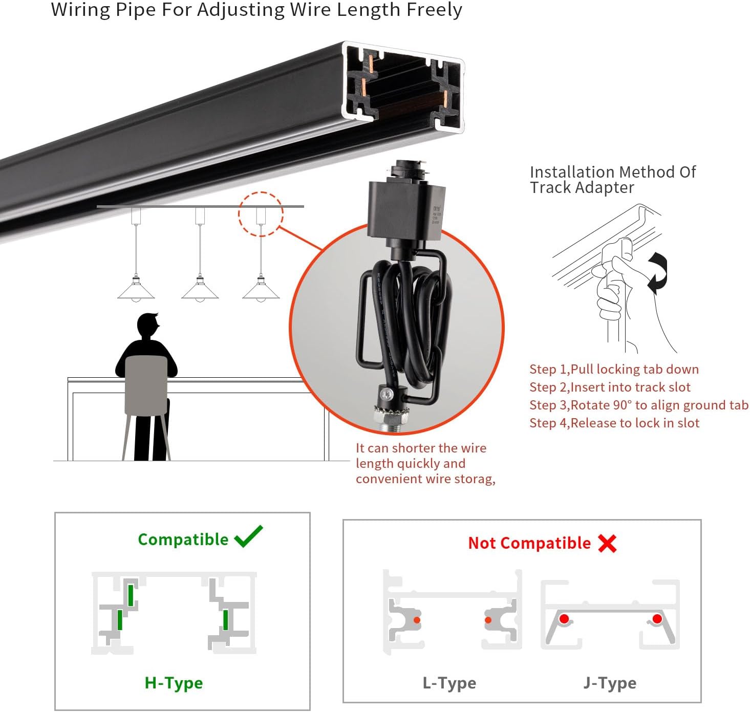 mirrea H-Type Matte Black witTrack Lighting Pendant with Black H Type 4-feet Track