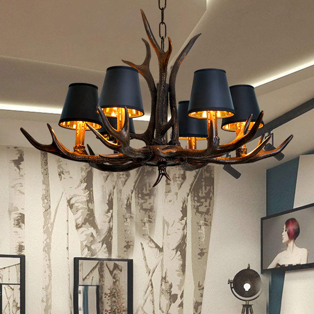 Vintage Pendelleuchte Esstischlamp American Ländliche Kronleuchter E14 Resin Geweihe Hängeleuchte Schwarzer Lampenschirm Hängelampe Retro Leuchte Bar Wohnzimmer Cafe Esszimmer Deckenlampe ,6 heads