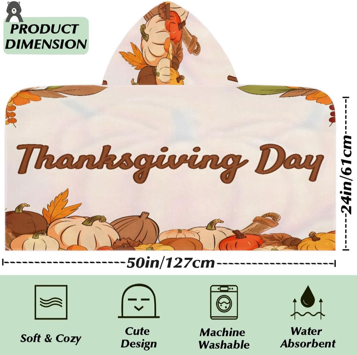 Kid Bath Towels Thanksgiving Day Kids Towel with Hood for Girls Boys Beach Towel Pool Cover Up Soft Absorbent Toddler Hooded Bath Towel for Shower, Beach