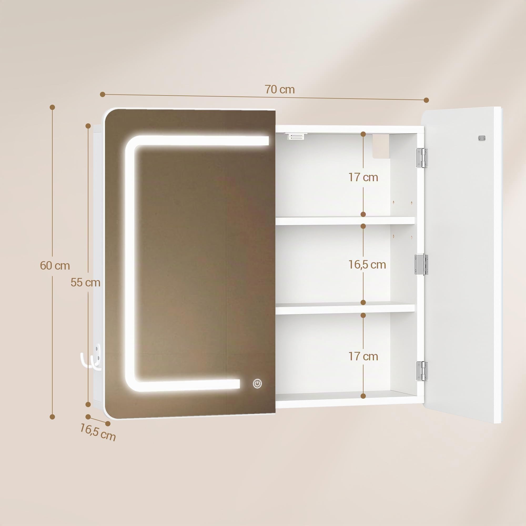 Hzuaneri Specchio Bagno Contenitore, due ante, 16,5 x 70 x 60 cm, Bianco | Mobile Bagno con Illuminazione a LED, 3 Temperature Colore Dimmerabili, Ripiano Regolabile, MC30203XEU