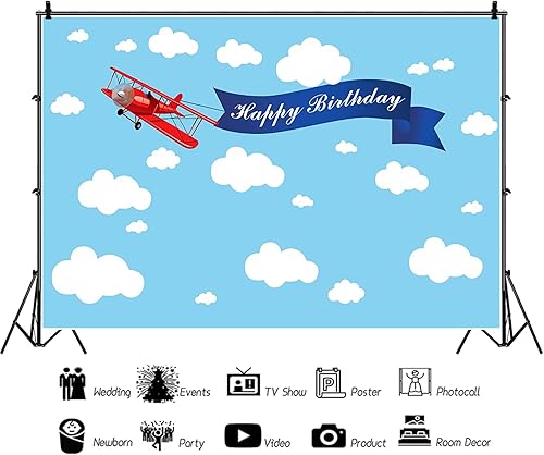 Miniatura 6 de Baocicco Telón de fondo de feliz cumpleaños de 7 x 5 pies con diseño de avión rojo, cielo azul, nube blanca, feliz cumpleaños, fotografía, fondo,