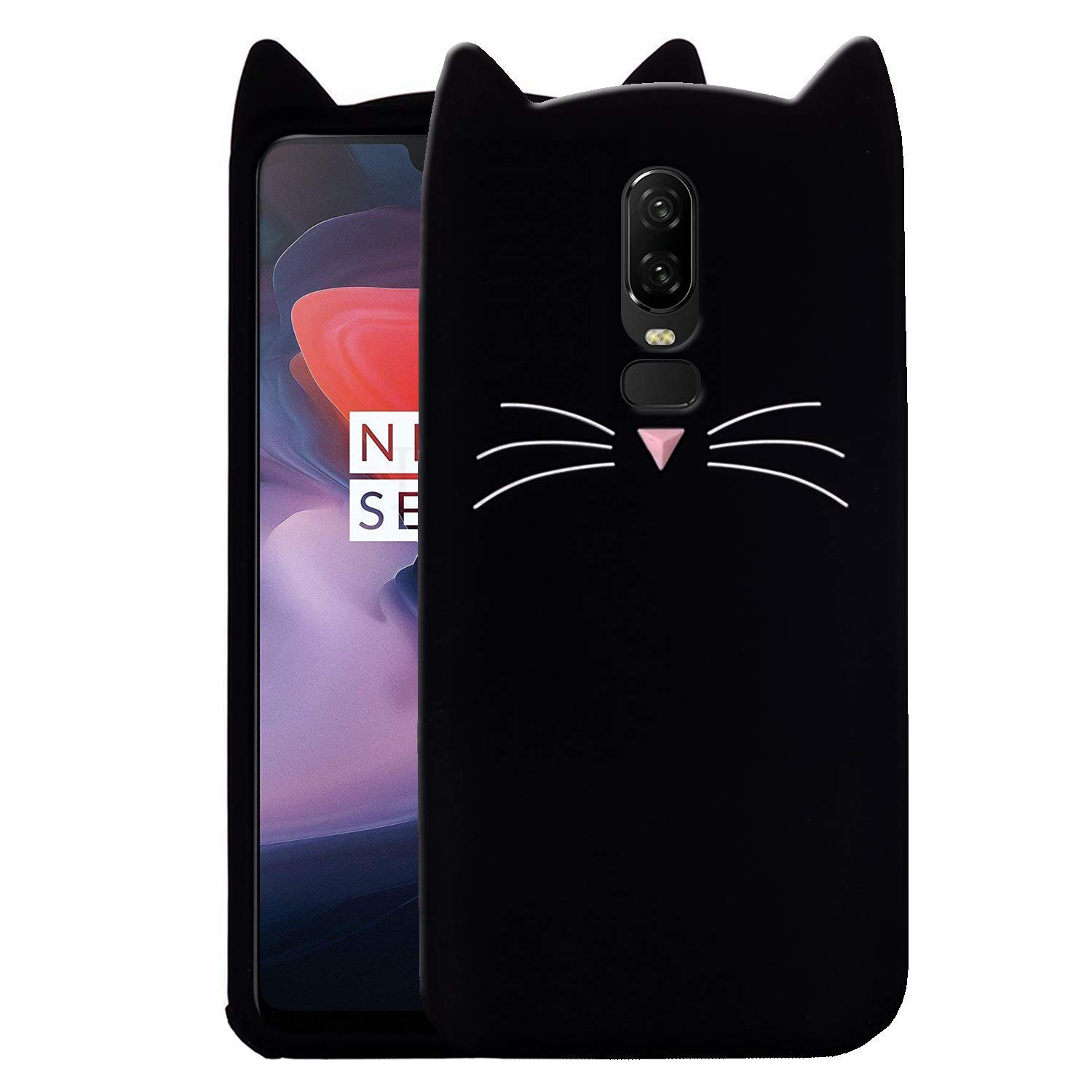 ZETCASE Cat Kitty Case Back Cover for OnePlus 6, Soft Silicone Billi Ear Design Girls Mobile Cover Phone Case for OnePlus 6 - Black
