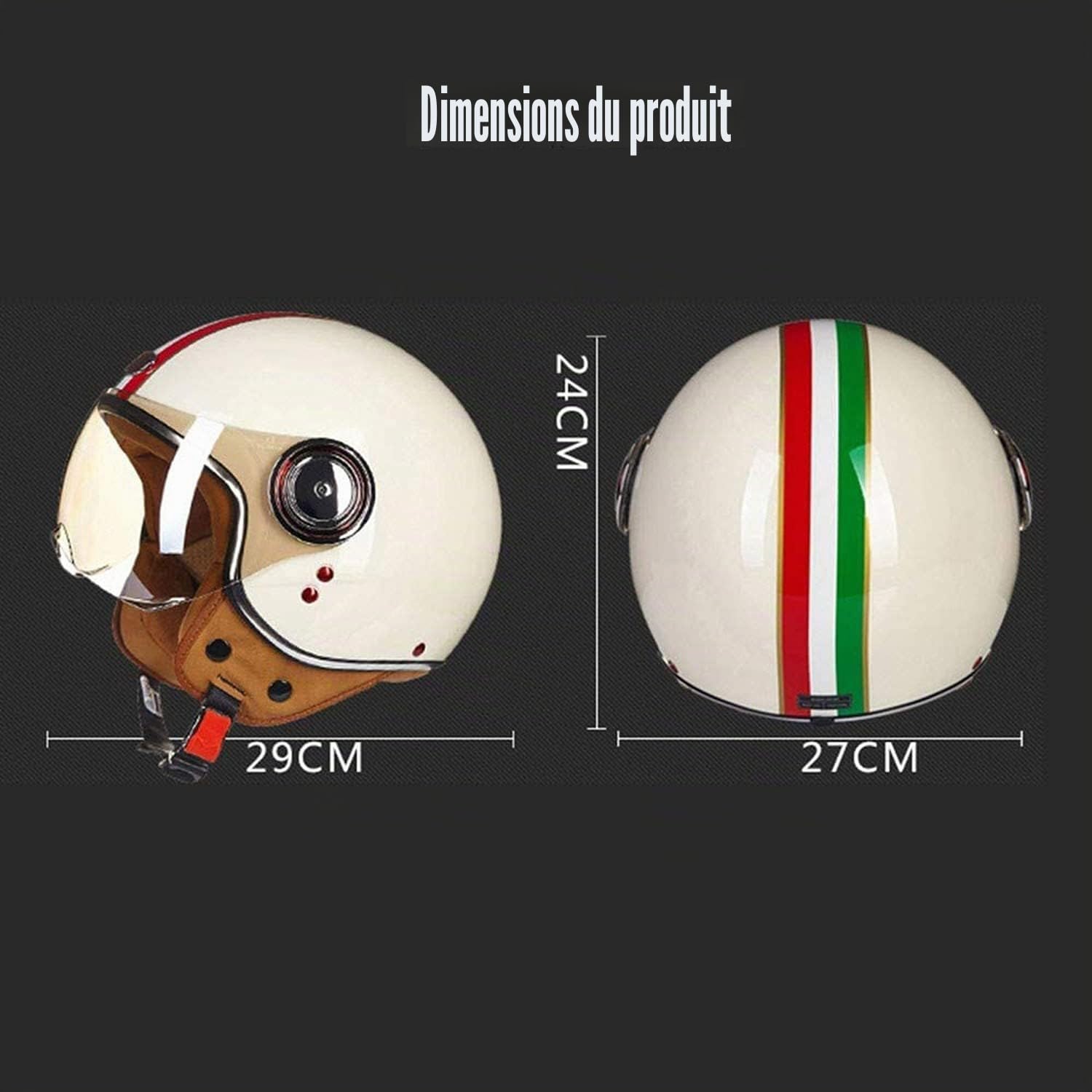 Rétro Casque à Face Ouverte Demi-Jet Scooter avec Visière Classic Moto Jet Vintage ECE Homologué Bol pour Homme et Femme L,M