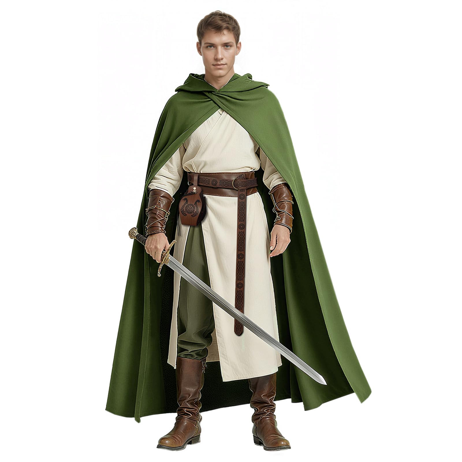 Capa con capucha renacentista, riñonera y cinturón de medieval, abrigo de bruja para hombre con capucha