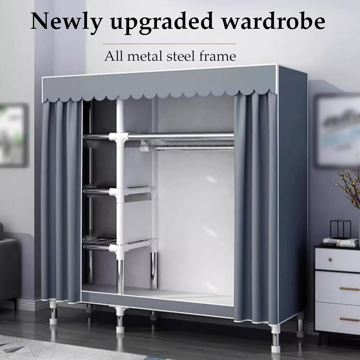 large closets Wardrobe Closet Thick Metal Frame Clothes Closet Cloth Closets for Bedroom 86cm/ 110cm/ 130cm/ 170cm Portable Wardrobe Space-saving