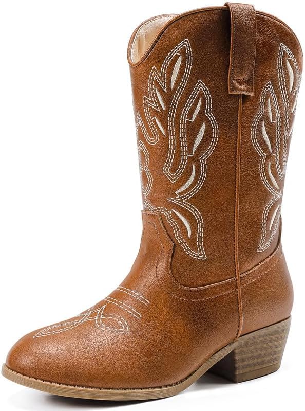 Cowgirl Boots for Little Girls Mid Calf Pointed Toe Kid Cowboy Boots Side Zipper Classic Embroidered Western Boots Horse Riding Shoes Party for Toddler Little Big Kids