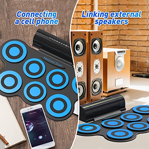 7 Pads Electronic Drum Set, Electric Drum Pad Roll-Up Drum Practice Pad Drum Kit Built-In Speaker With Drum Pedals Drum Sticks 10 Hours Playtime, Great Holiday Birthday Gift For Kids-Blue #TOP7