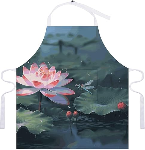 Miniatura 7 de MUSM Lotus Flower And Dragonfly ApronClassic Vintage Funny with Pockets Aprons,Adjustable Bib Waterdrop Resistant for Kitchen Cooking Restaurant BBQ