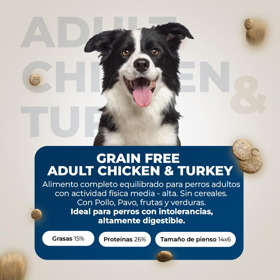 Pienso para Perros sin Cereales de Pollo Fresco y Pavo - Comida Natural e Hipoalergénica para Perros Adultos - Alimento Completo y Digestible - 12kg Lobo Azul Adult Chicken & Turkey