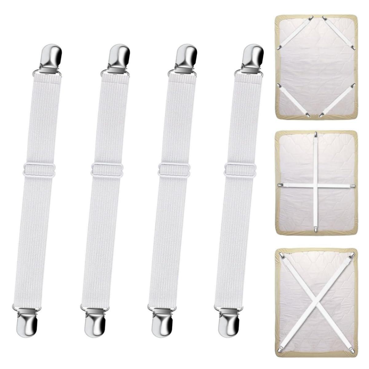HRLORK Bed Sheet Clips Sheet Fasteners Mattress Cover Clips Elastic Adjustable Straps Fasteners Bedsheet Grippers-White