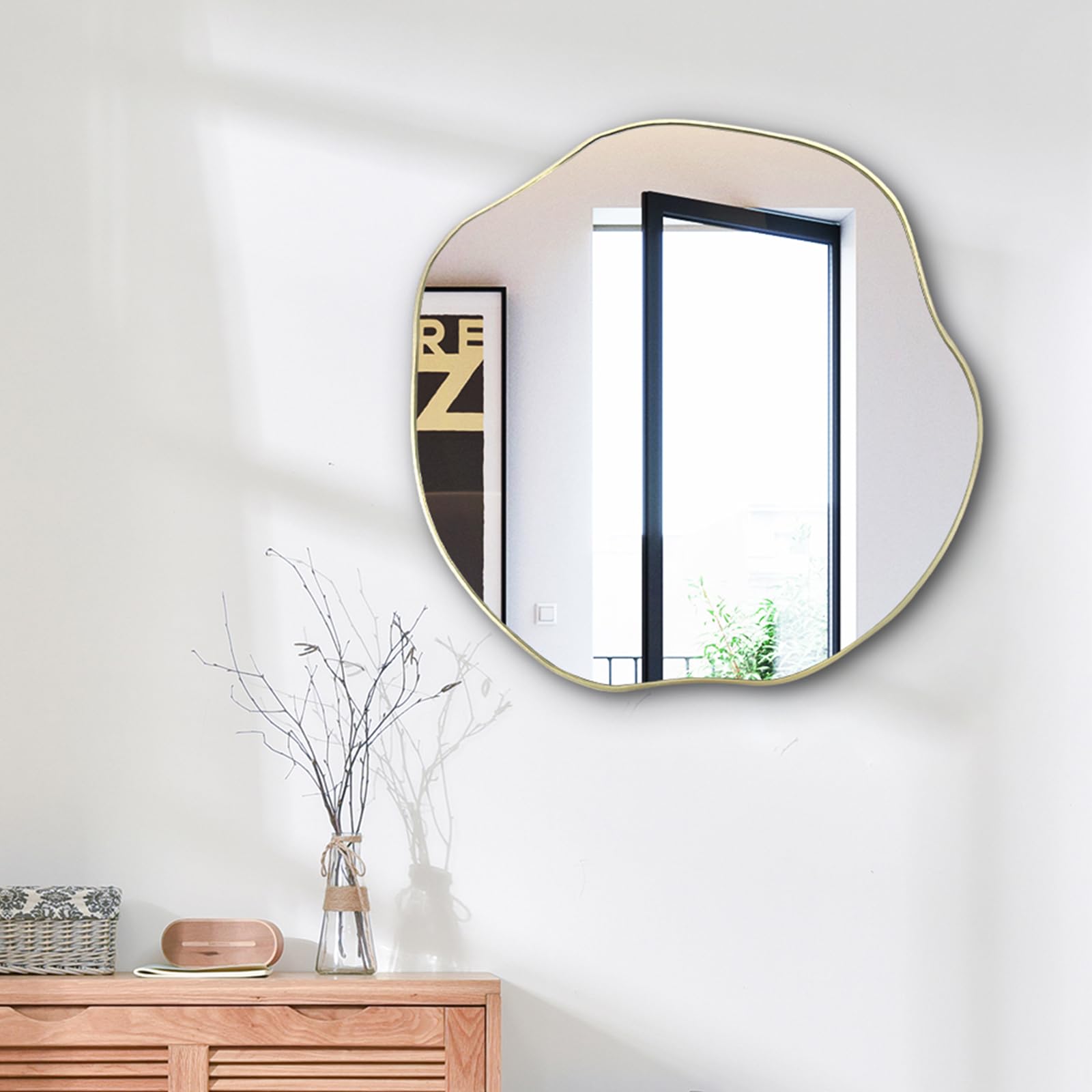 POZINO Gold Irregular Mirror, 20" Asymmetrical Mirror, Modern Scalloped Round Mirrors, Waved Shaped Decorative Mirrors for Bathroom Living Room Bedroom Entryway Fireplace 20"L x 20"W Gold