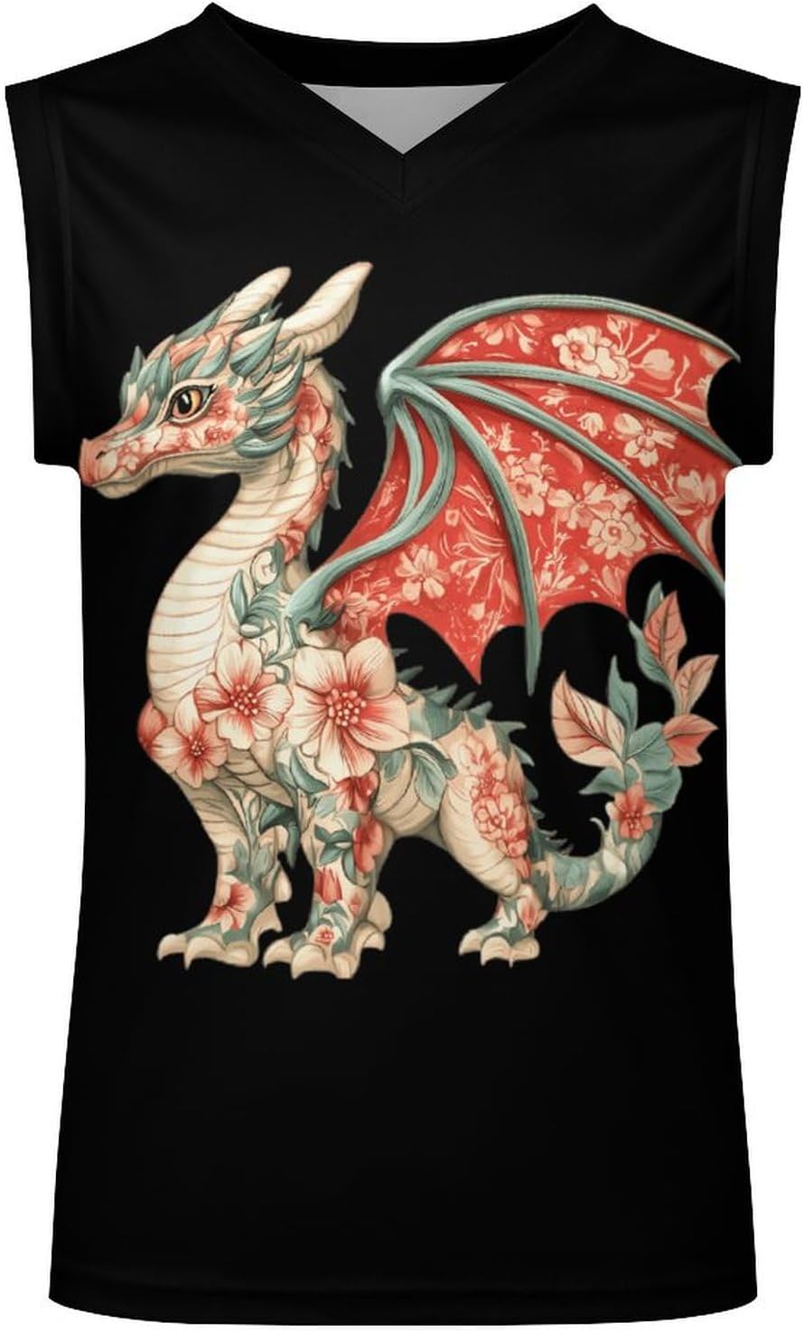 Flower Pattern Dragon Men's V-Neck Basketball Tank Top Sleeveless Workout Tank Shirts Gym Fitness Tees Vest