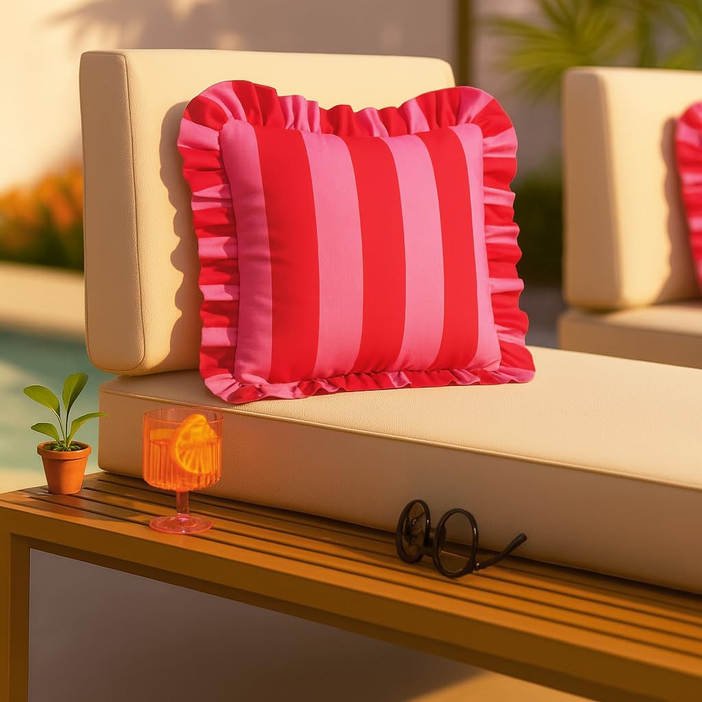 MONDAY MOOSE Decorative Throw Pillow Covers, Set of 2 Water-Resistant Striped Design with Ruffle Edge for Outdoor/Indoor Use, Pillow Inserts Not Included (20x20 inch, Hot Pink/Red)