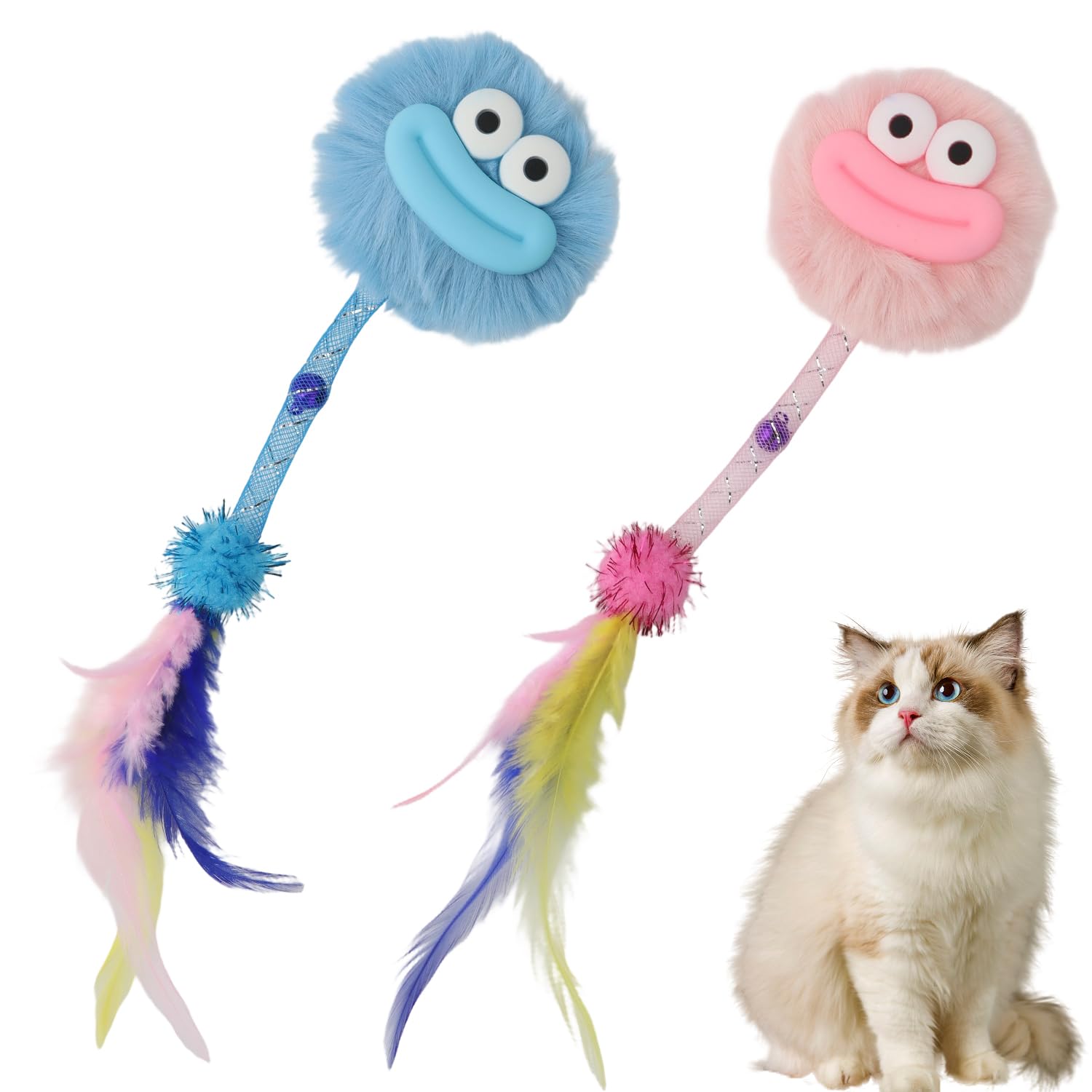 MOTIBACK 2 Pack Cat Chew Rope Toy, Funny Plush Ball with Feather and Bell, Interactive Kitten Toys for Indoor Cats, Stretchy Wand Teaser for Exercise and Chasing, Blue and Pink